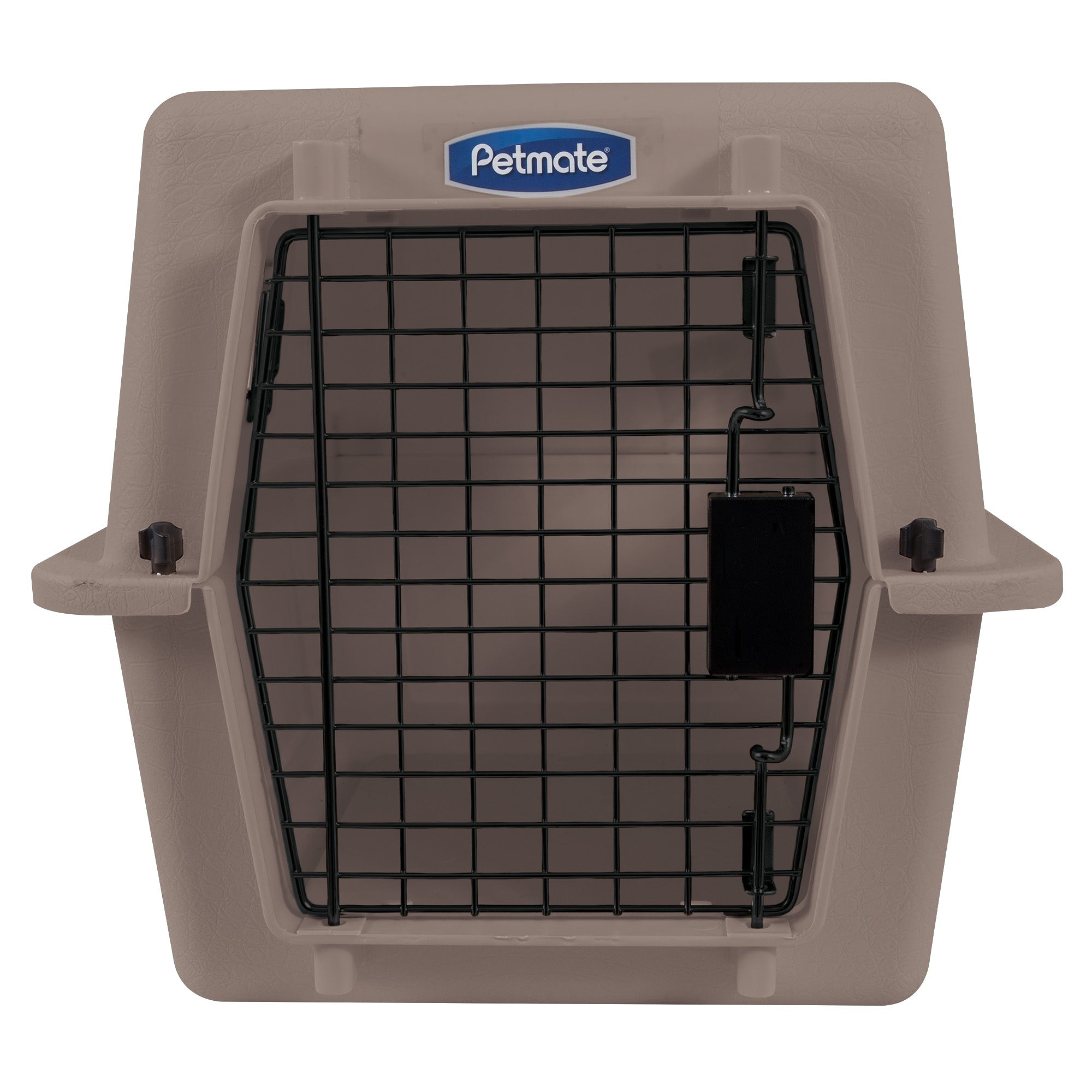 The image shows a beige Pet-mates Ultra Vari Kennel with a black wire door featuring the brand logo above the latch for secure closure.