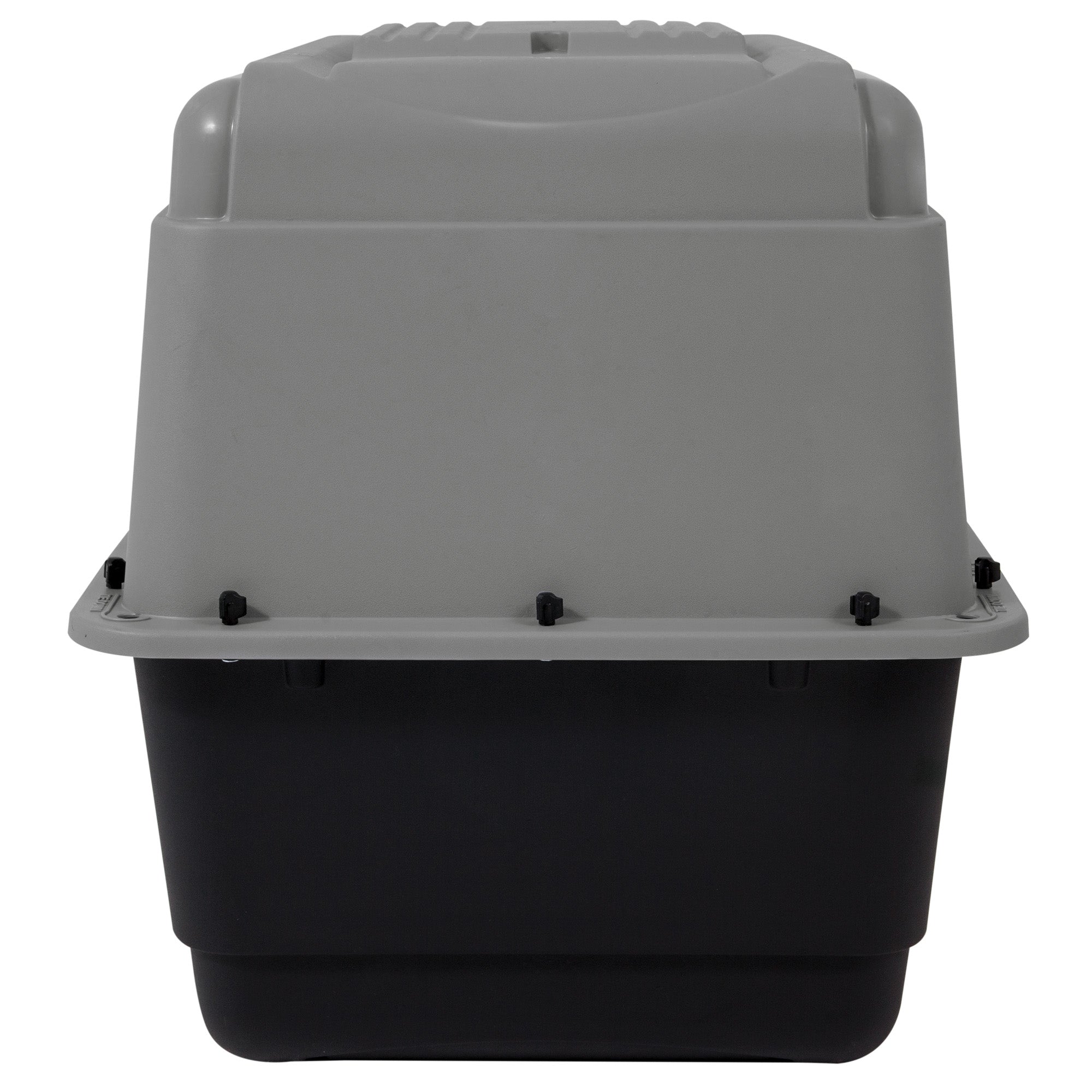 The Aspen Pet Pet-mates All Purpose Aspen Pet Porter is a gray and black plastic litter box with a detachable lid, secured by black clips, that also functions as a pet carrier for added comfort during air travel.