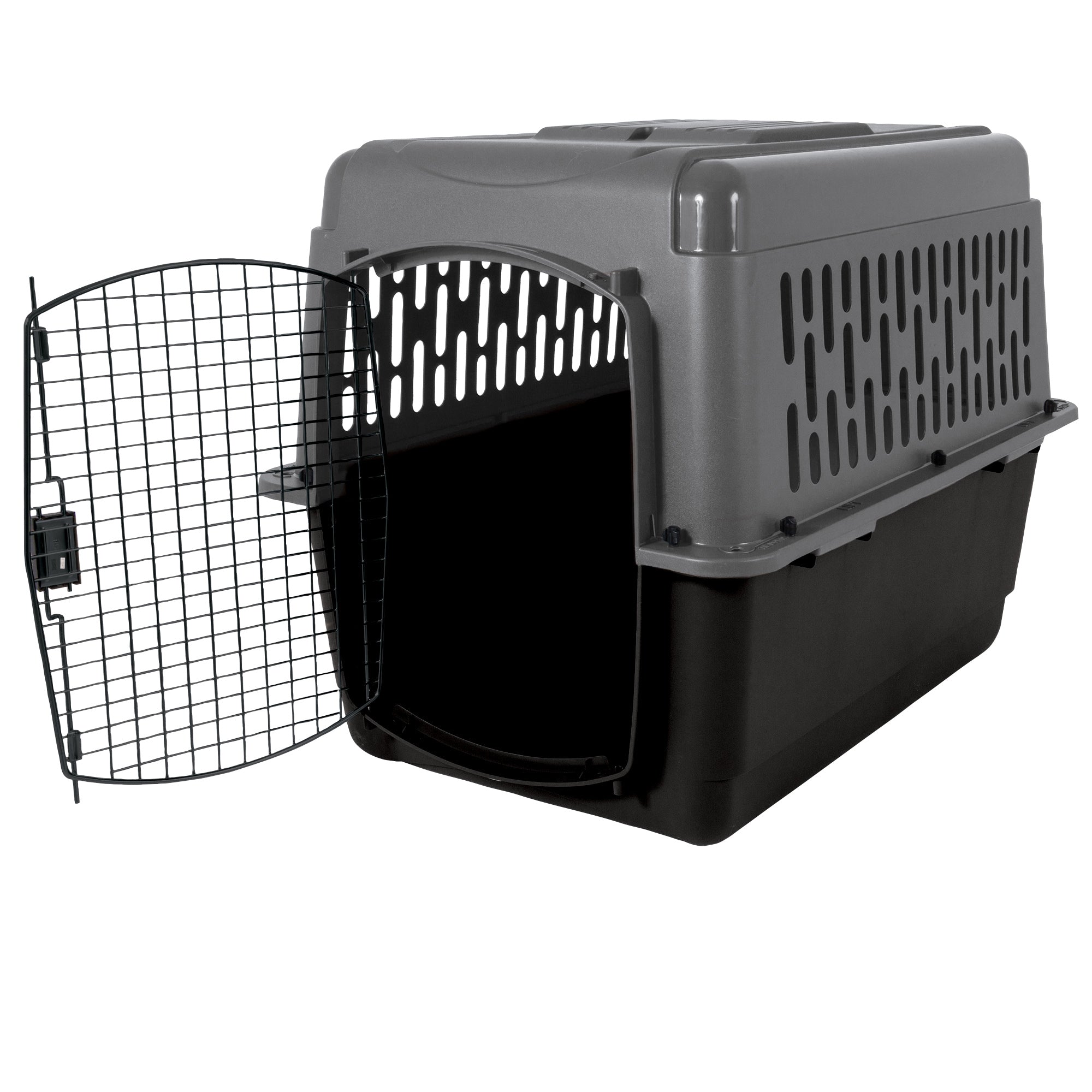 The Aspen Pet Pet-mates All Purpose Aspen Pet Pet Porter is a black and gray plastic pet carrier with a side-opening metal wire door, ventilation holes for airflow, and an interior designed for comfort; meets many air travel requirements.