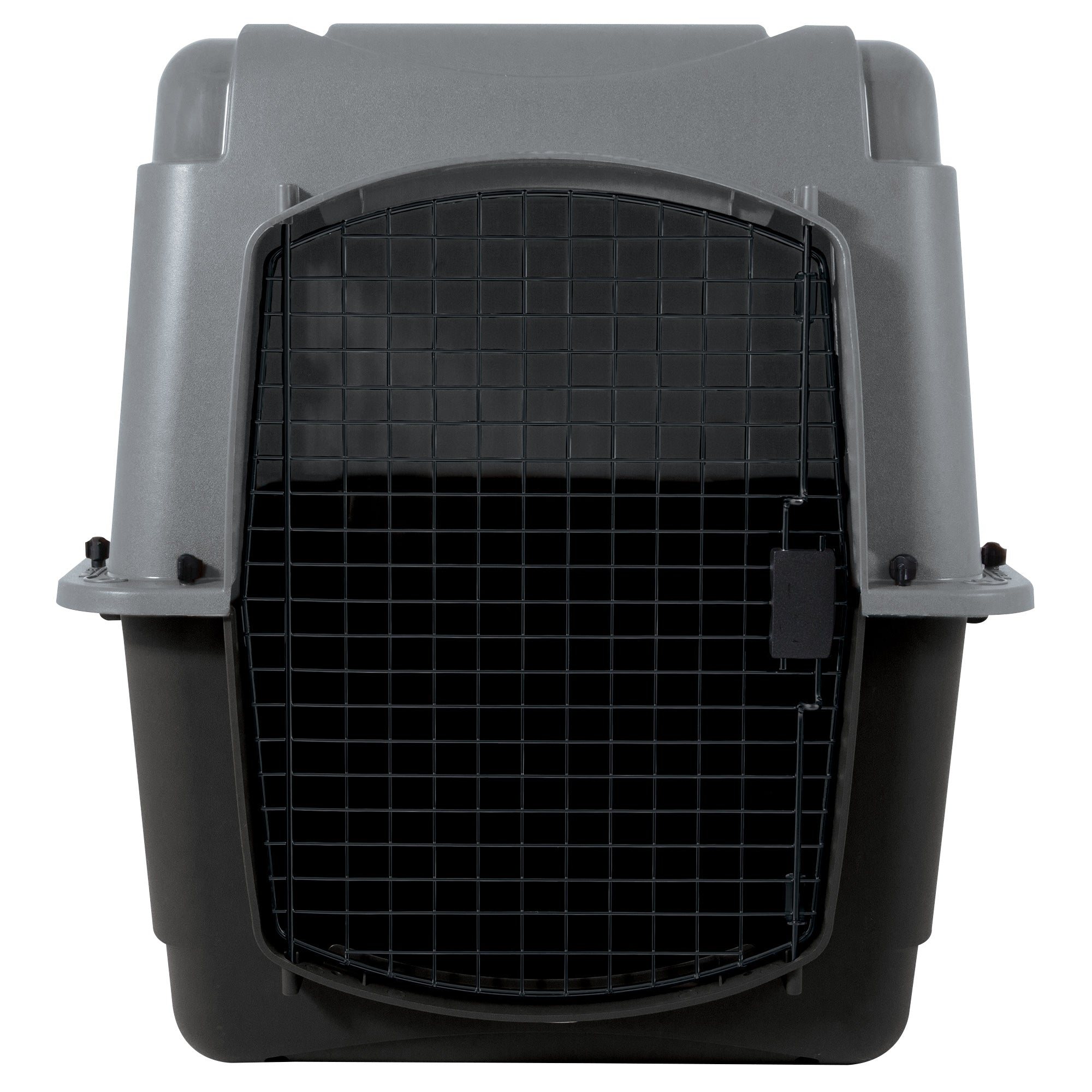 The Aspen Pet Pet-mates All Purpose Pet Porter is a large, hard-sided gray and black carrier with a secure metal wire door. Designed to meet air travel requirements, it ensures your pet’s safety and comfort during transport.