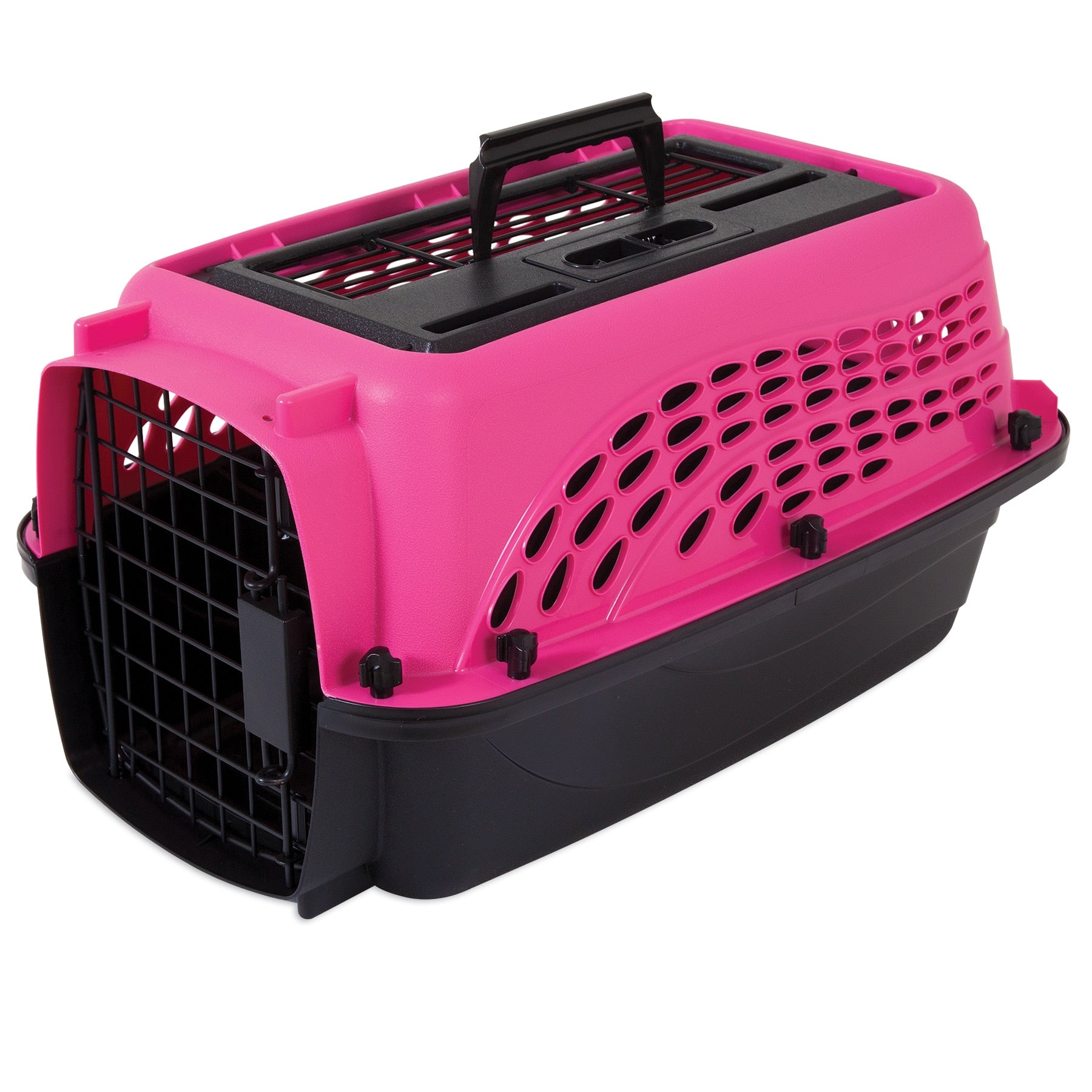 The pink and black Pet-mates E-Z Load Two Door Dog & Cat Kennel features EcoTEC Plastic, a metal front door, side ventilation holes, and a top handle for easy carrying.