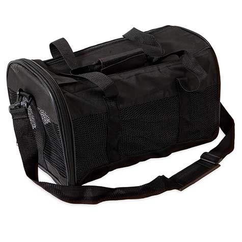 The Pet-mates Soft Sided Kennel Cab is a sleek, black duffel-style airline travel pet carrier. It has mesh sides for ventilation, a shoulder strap, two handles, a zippered closure, and an extra side pocket.