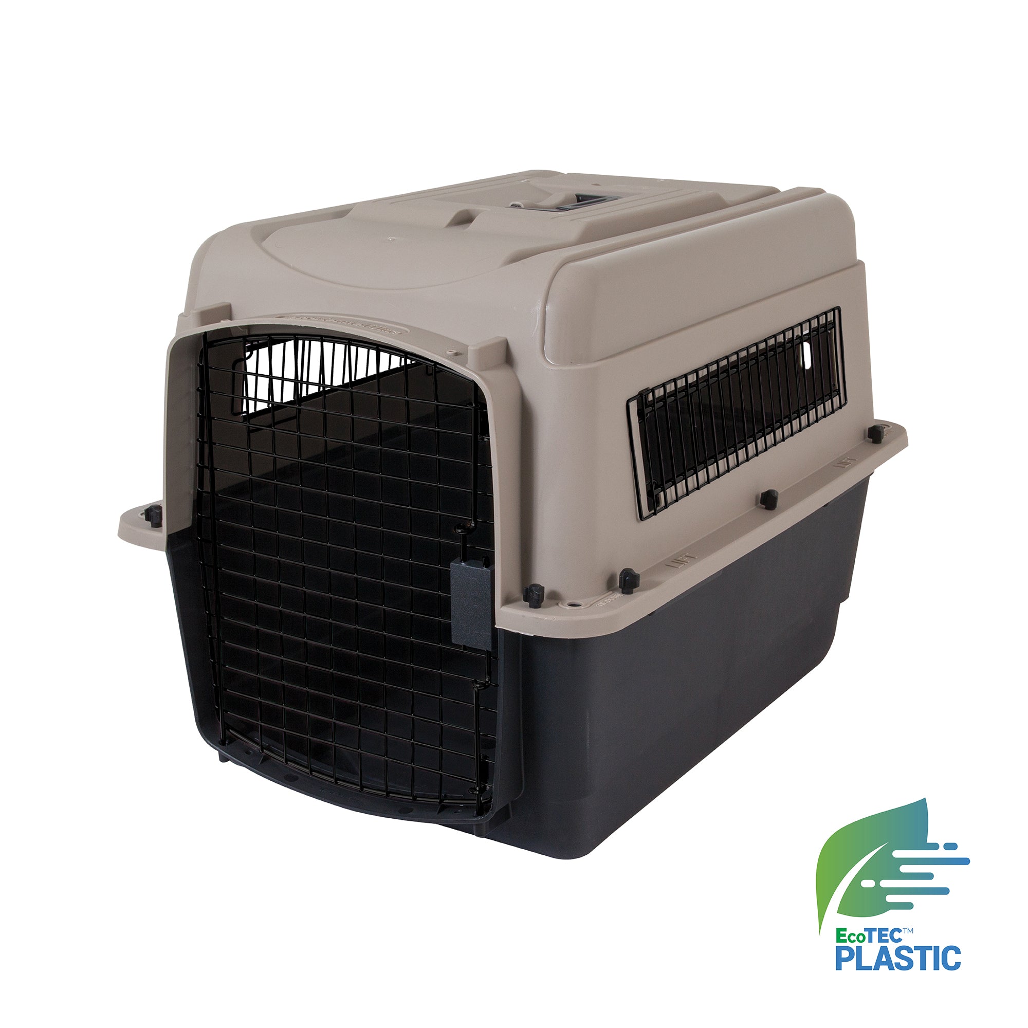 The Pet-mates Traveler - Ultra Vari Kennel by Pet-mates is a beige and black pet carrier with a metal front door and side ventilation panels, ideal for trips or vet visits. The EcoTEC Plastic logo appears in the bottom right corner.