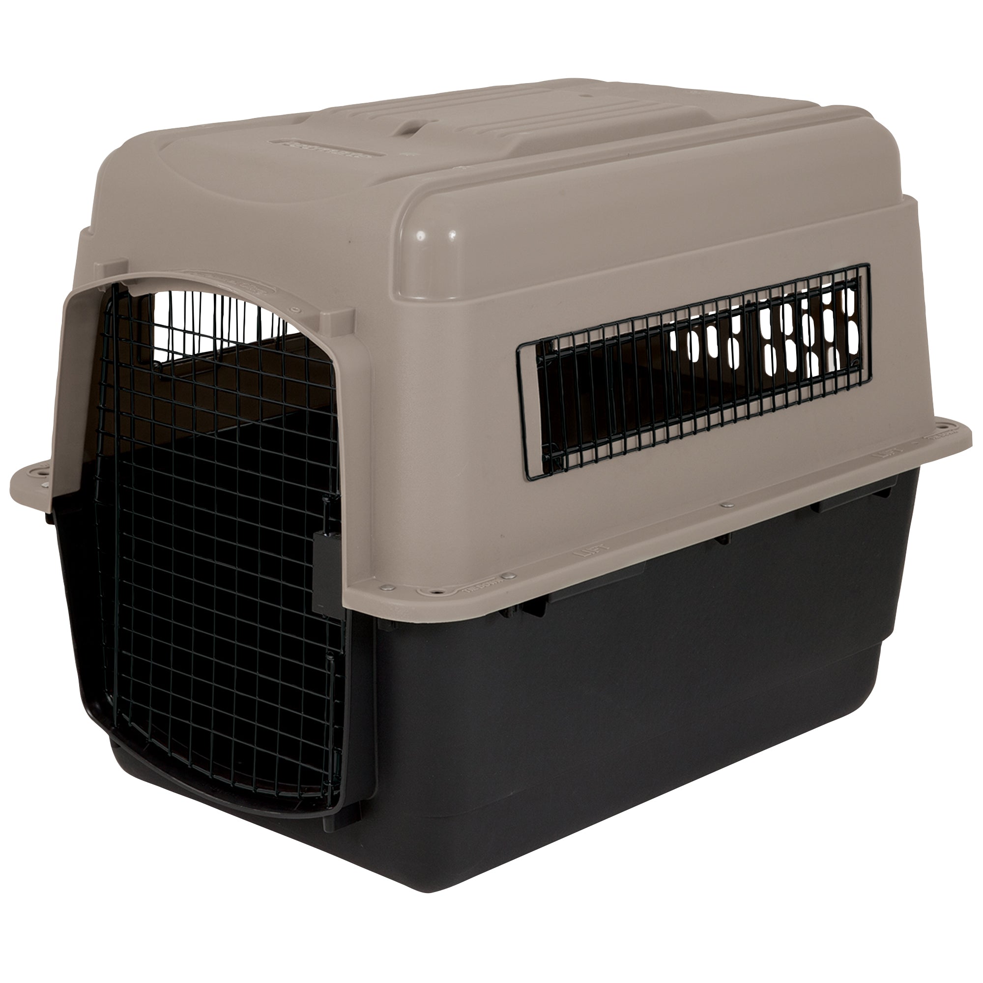 The Pet-mates Traveler - Ultra Vari Kennel by Pet-mates features a black base, tan top, metal wire front door, and side ventilation panels for safe and durable pet transport.