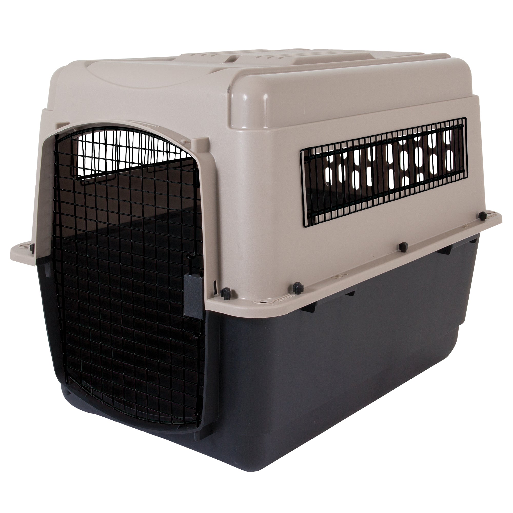 The Pet-mates Traveler - Ultra Vari Kennel by Pet-mates features a black bottom, beige top, wire mesh front door, and side ventilation panels for durable and safe animal transport.