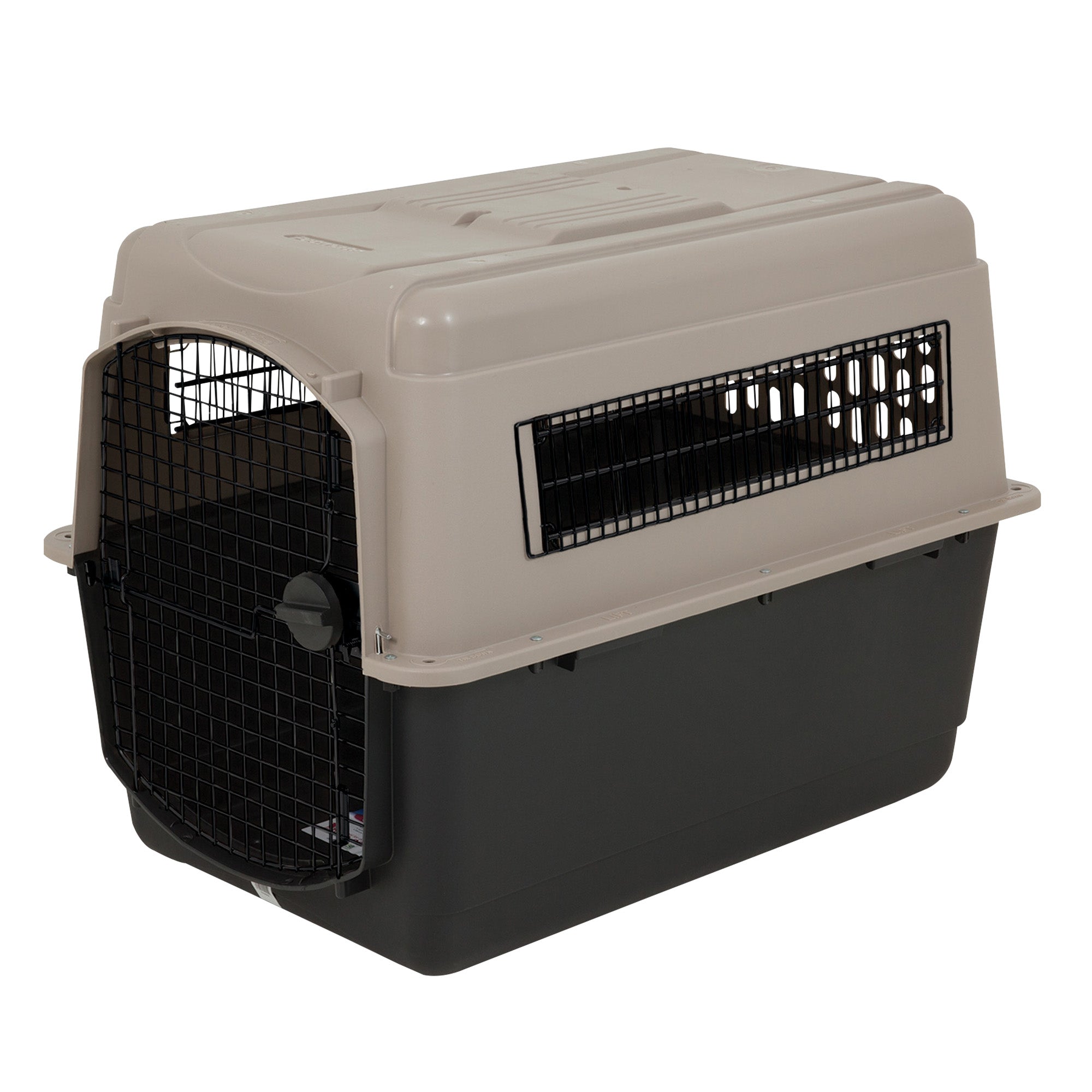 The Pet-mates Traveler - Ultra Vari Kennel by Pet-mates features a black bottom, beige top, wire door, and side ventilation windows, making it a durable and safe carrier for transporting cats or small dogs.