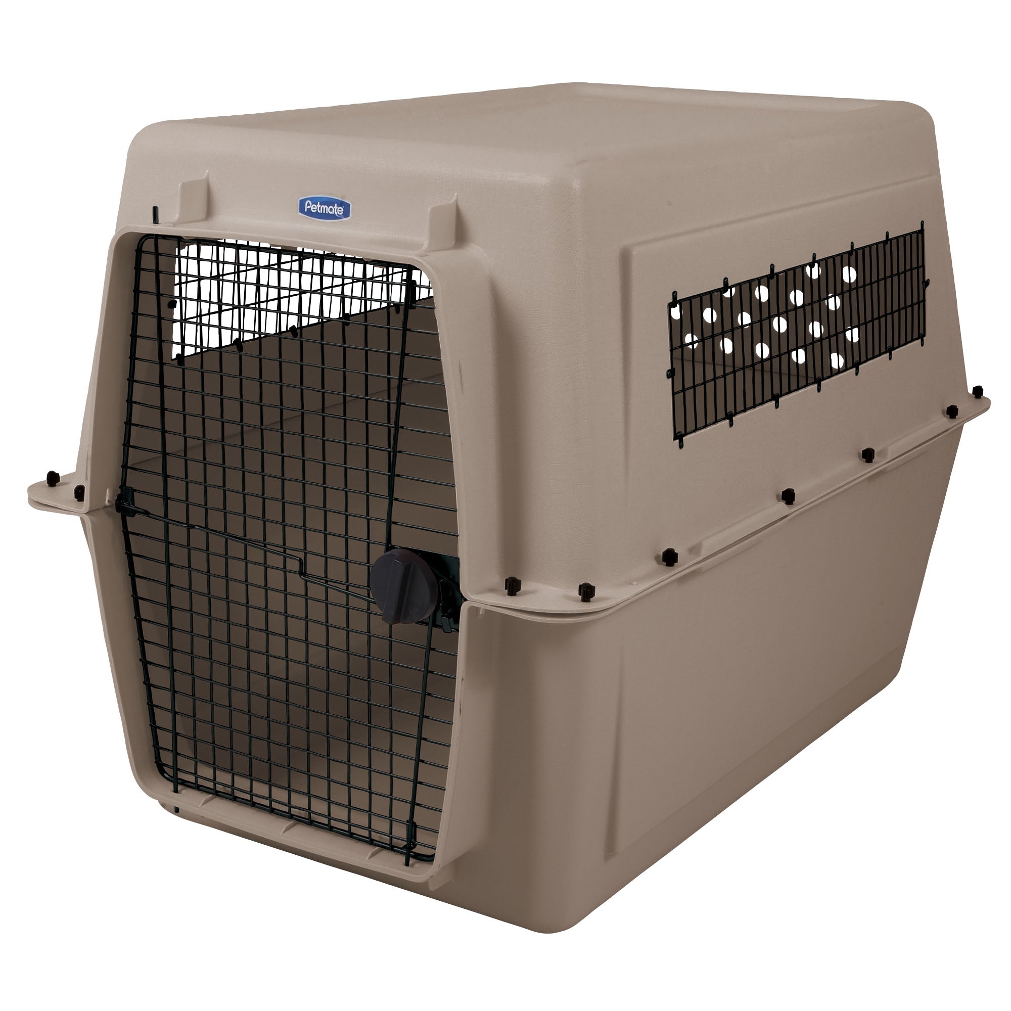The Pet-mates Traveler - Ultra Vari Kennel by Pet-mates is a durable beige plastic pet carrier with a black metal door and side ventilation, ideal for safely transporting or housing dogs or cats.