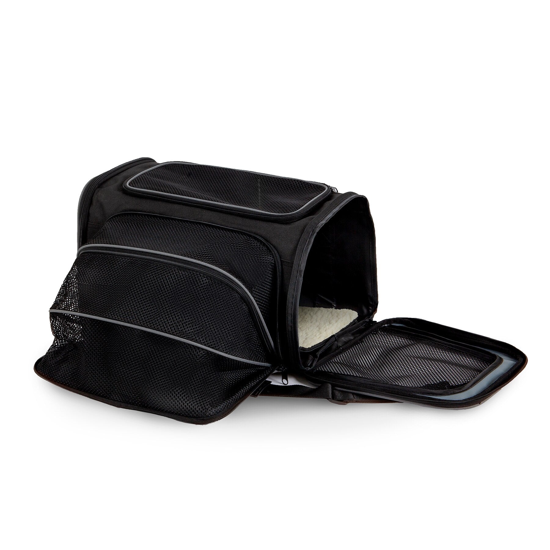 The Pet-mates See & Extend Carrier by Pet-mates, shown open in black with mesh panels, features top and side openings and a padded floor for enhanced pet comfort, making it perfect for portable pet transport.