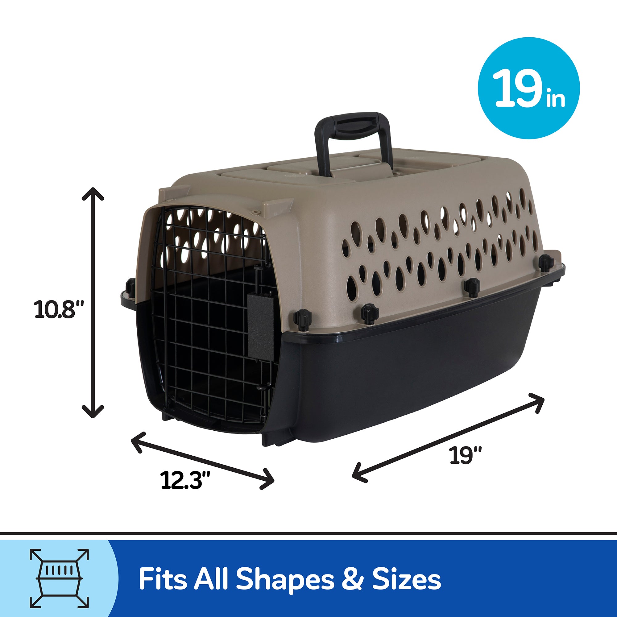 The Pet-mates All Purpose Kennel - Vari, from Pet-mates, is a tan and black pet carrier (19 x 12.3 x 10.8) with a metal door, sturdy top handle, and meets many air travel requirements for pets of all shapes and sizes.