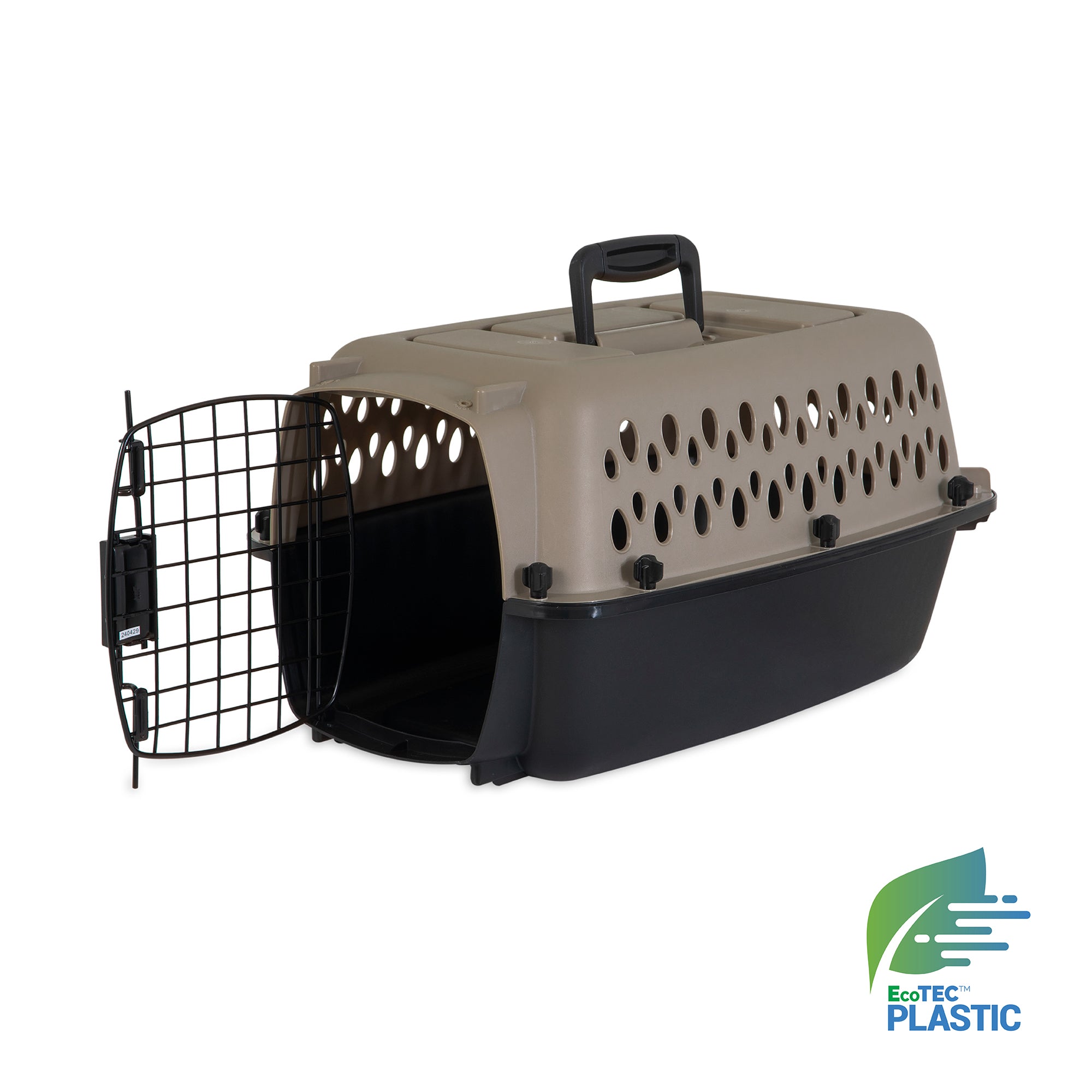 The Pet-mates All Purpose Kennel - Vari is a beige and black plastic pet carrier with a top handle, ventilation holes, an open metal door, and EcoTEC logo. This Pet-mates kennel meets air travel requirements.