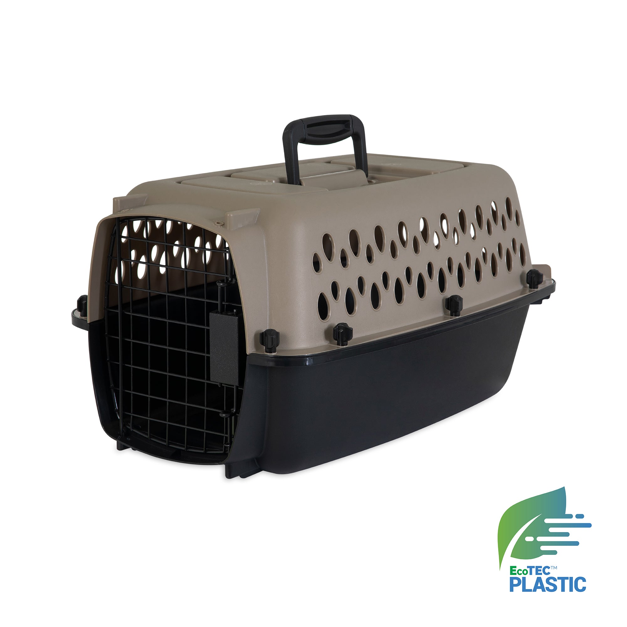 The Pet-mates All Purpose Kennel - Vari by Pet-mates is a beige and black pet carrier with a handle, ventilation holes, metal door, and EcoTEC Plastic logo—perfect for housebreaking or meeting airline travel requirements.