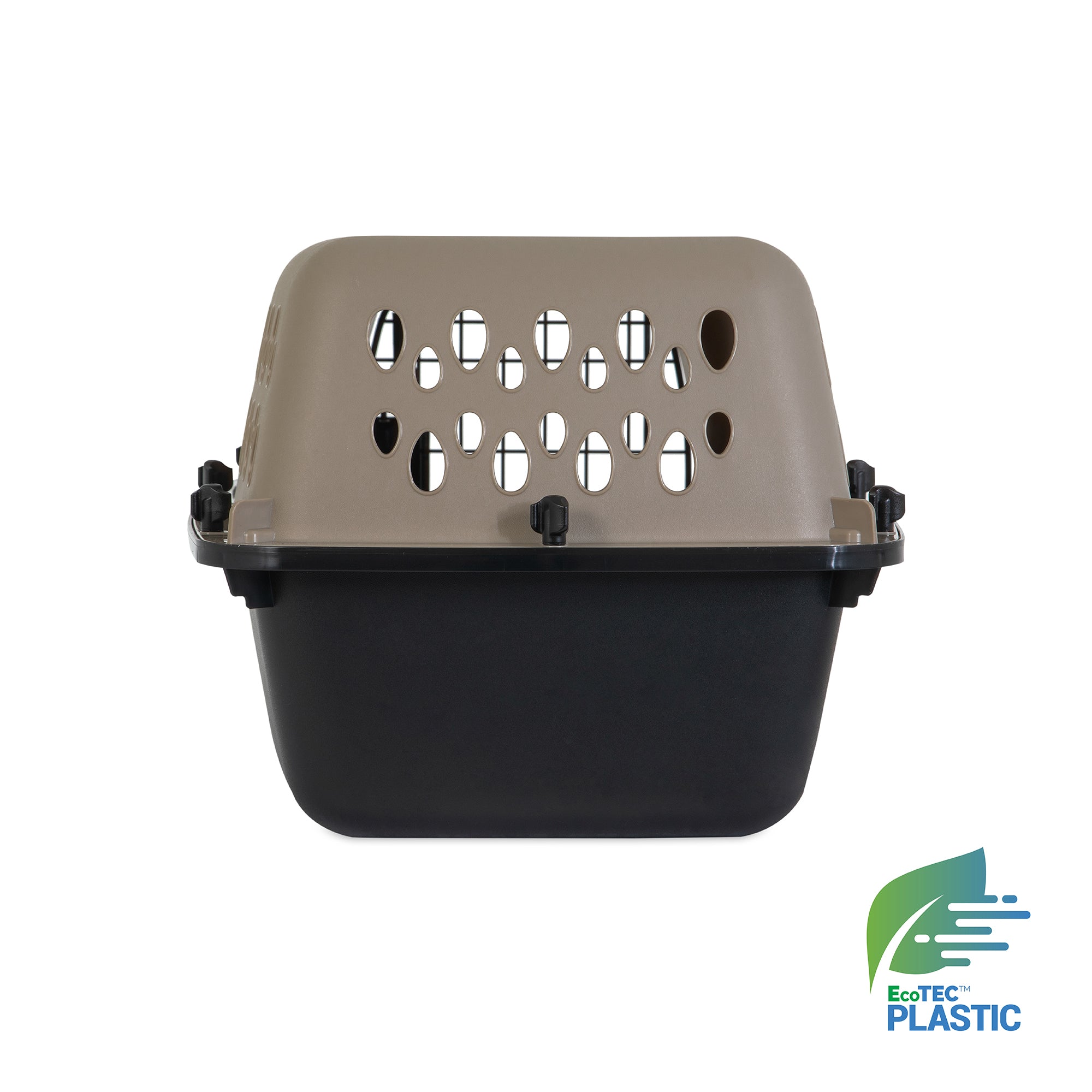 The Pet-mates All Purpose Kennel - Vari is a two-tone pet carrier with a tan ventilated top and black base, shown from the front. The EcoTEC Plastic logo appears in the bottom right. Meets air travel standards similar to the original Vari Kennel.