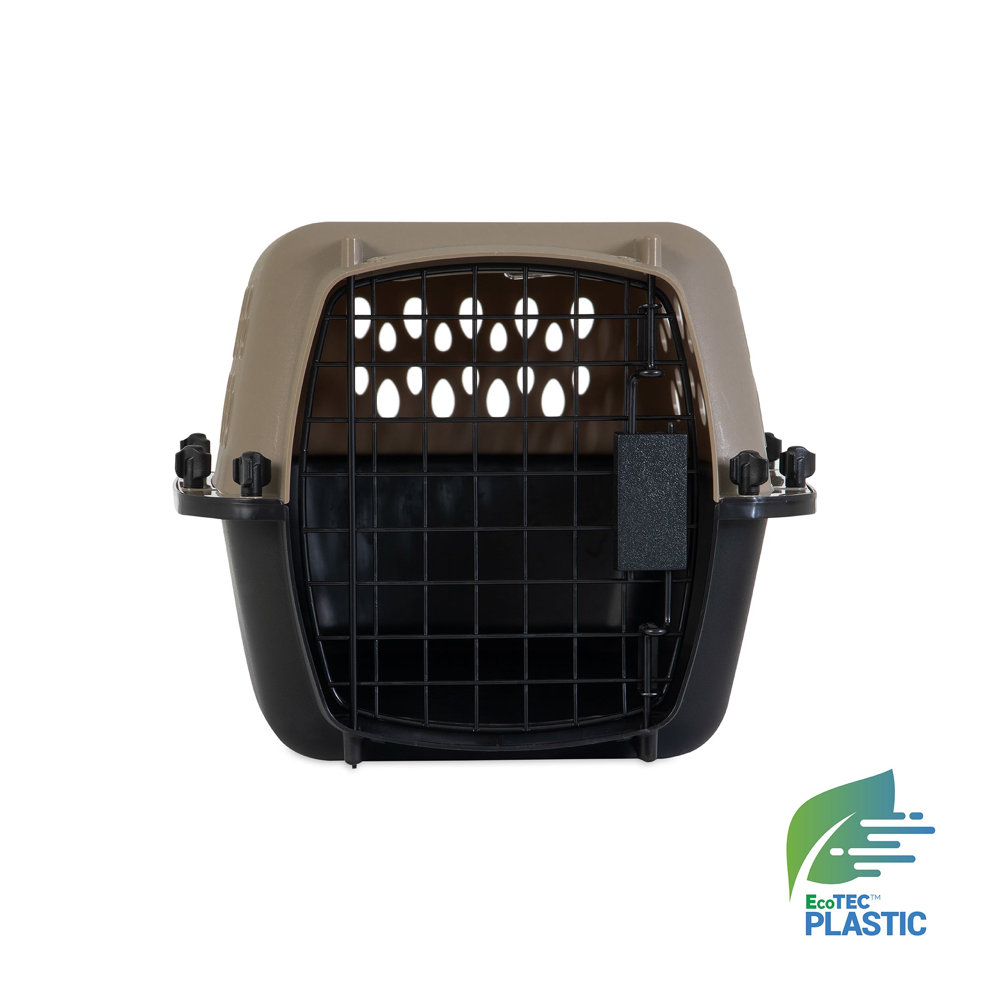 The Pet-mates All Purpose Kennel - Vari is a beige and black pet carrier with a metal grid door, shown from the front. The EcoTEC Plastic logo appears in the lower right. Its design and features meet many air travel requirements.