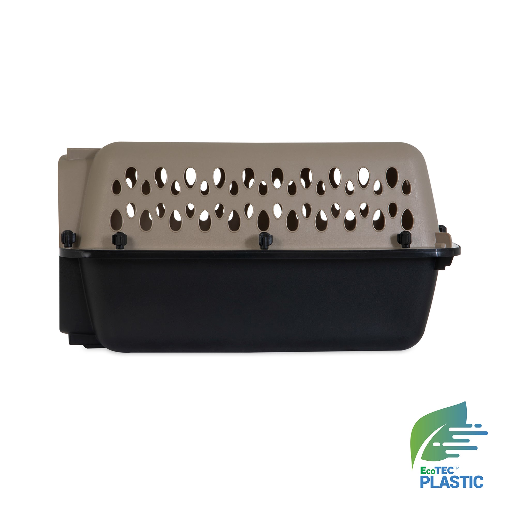 The Pet-mates All Purpose Kennel - Vari, a plastic pet carrier with a tan ventilated top and black base, is shown on a white background. The EcoTEC Plastic logo highlights its eco-friendly material, perfect for housebreaking or air travel.