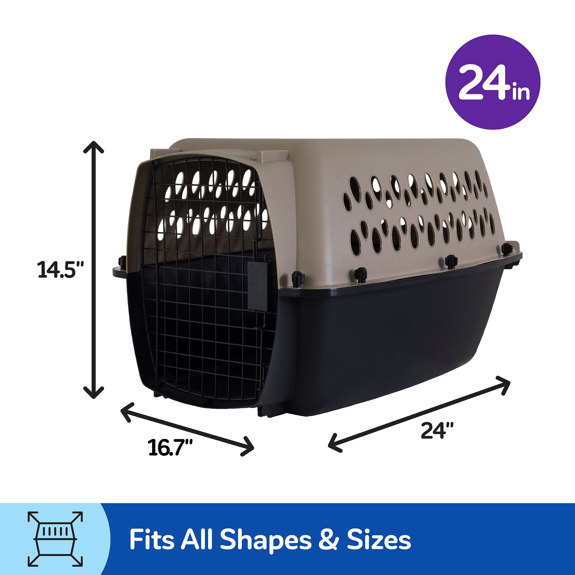 The Pet-mates All Purpose Kennel - Vari, in tan and black, measures 24L x 16.7W x 14.5H and features a secure black metal mesh door—ideal for housebreaking or meeting air travel needs for pets of various sizes.
