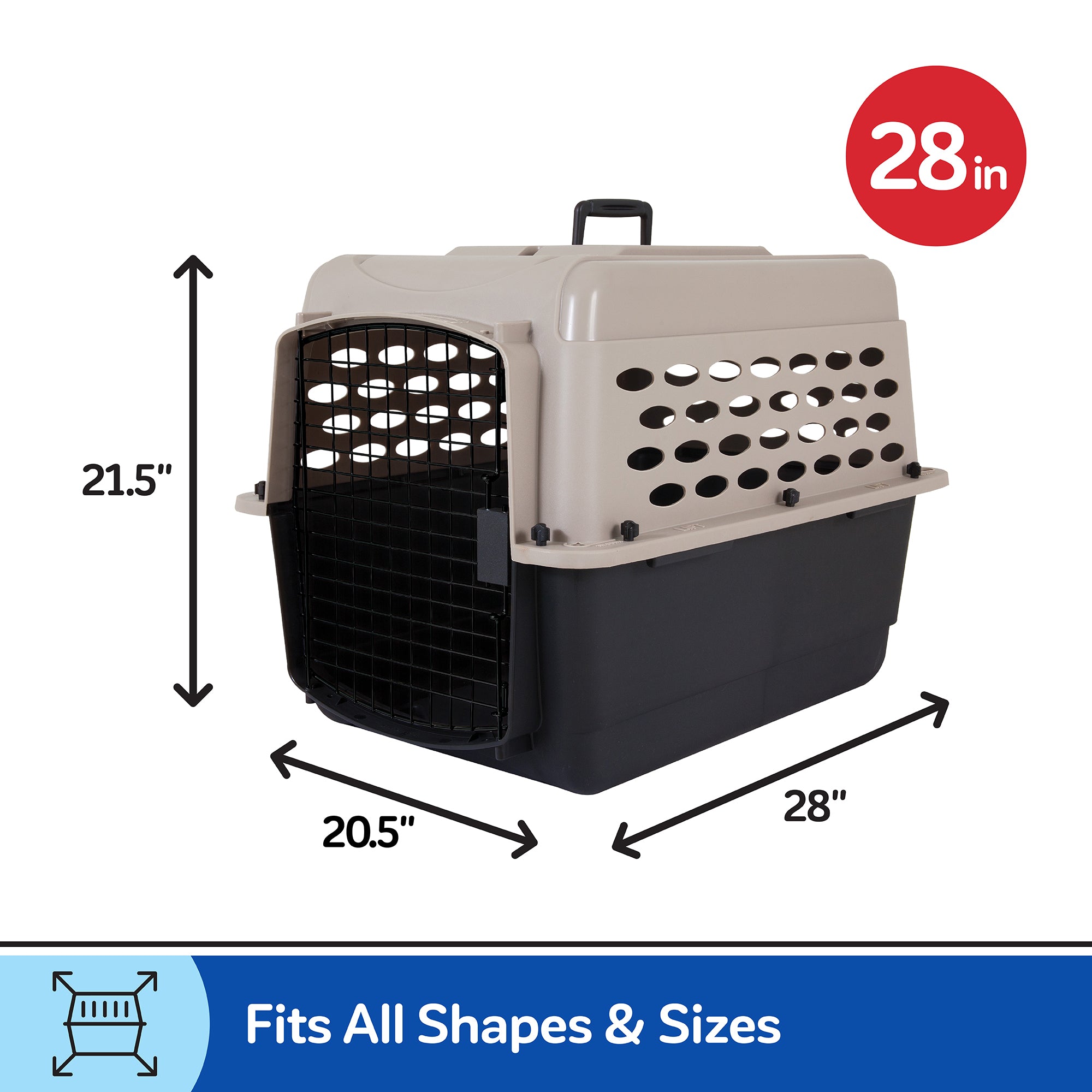 The Pet-mates All Purpose Kennel - Vari features a black base, tan top, and metal door. Measuring 28L x 20.5W x 21.5H, its ideal for pets of all sizes, meets air travel standards, and is perfect for housebreaking or travel.