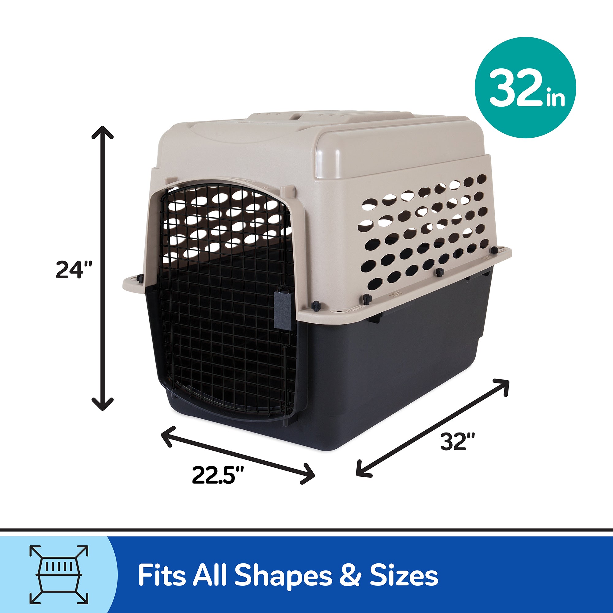 The Pet-mates All Purpose Kennel - Vari by Pet-mates is a tan and black pet carrier with mesh door, measuring 32 x 22.5 x 24. Ideal for housebreaking or air travel. Blue circle displays 32 in. Fits pets of various sizes.