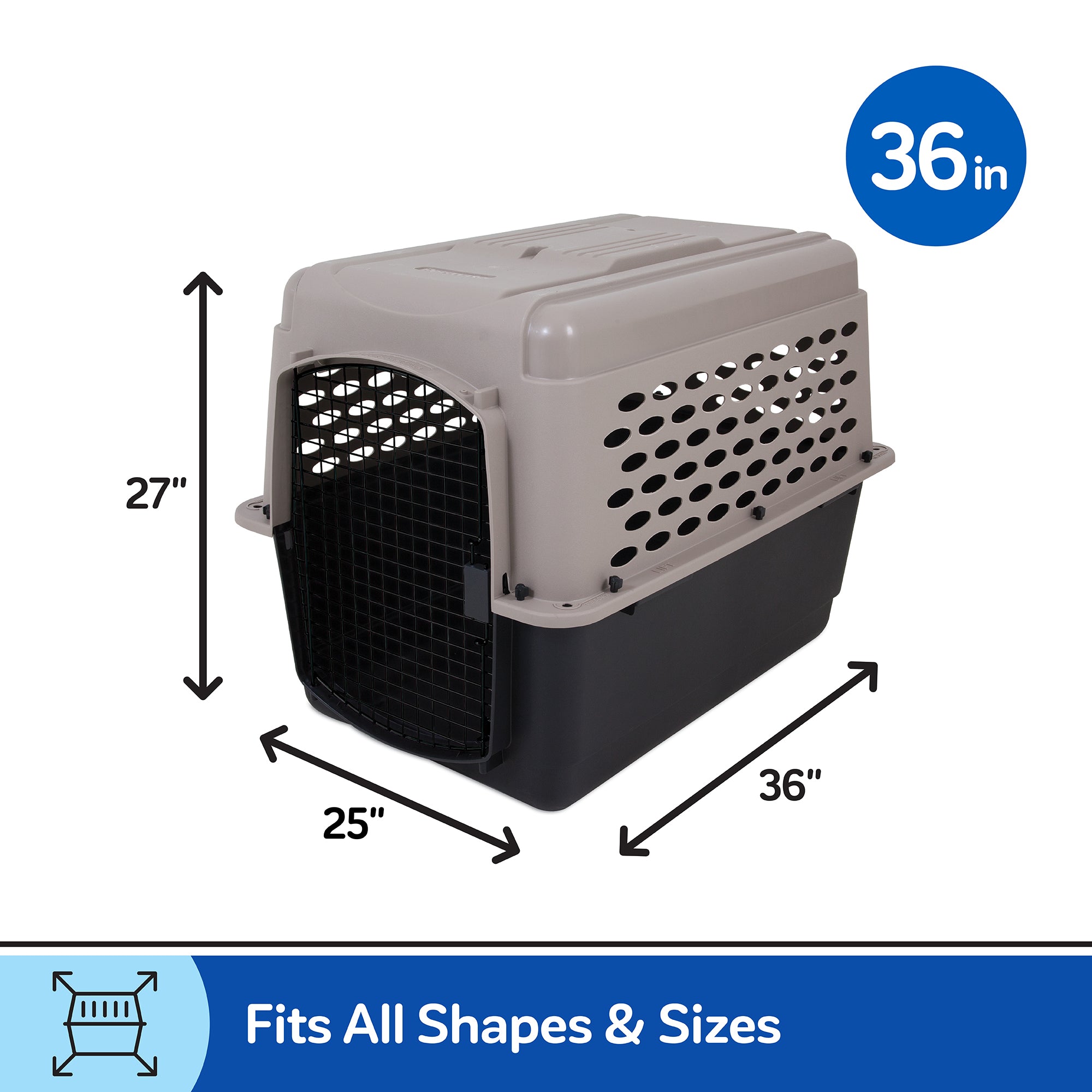 The Pet-mates All Purpose Kennel - Vari by Pet-mates is a large, two-toned gray and black crate with a wire door, measuring 36x25x27. Fits all shapes & sizes. 36 in. Ideal for housebreaking or meeting most air travel needs.