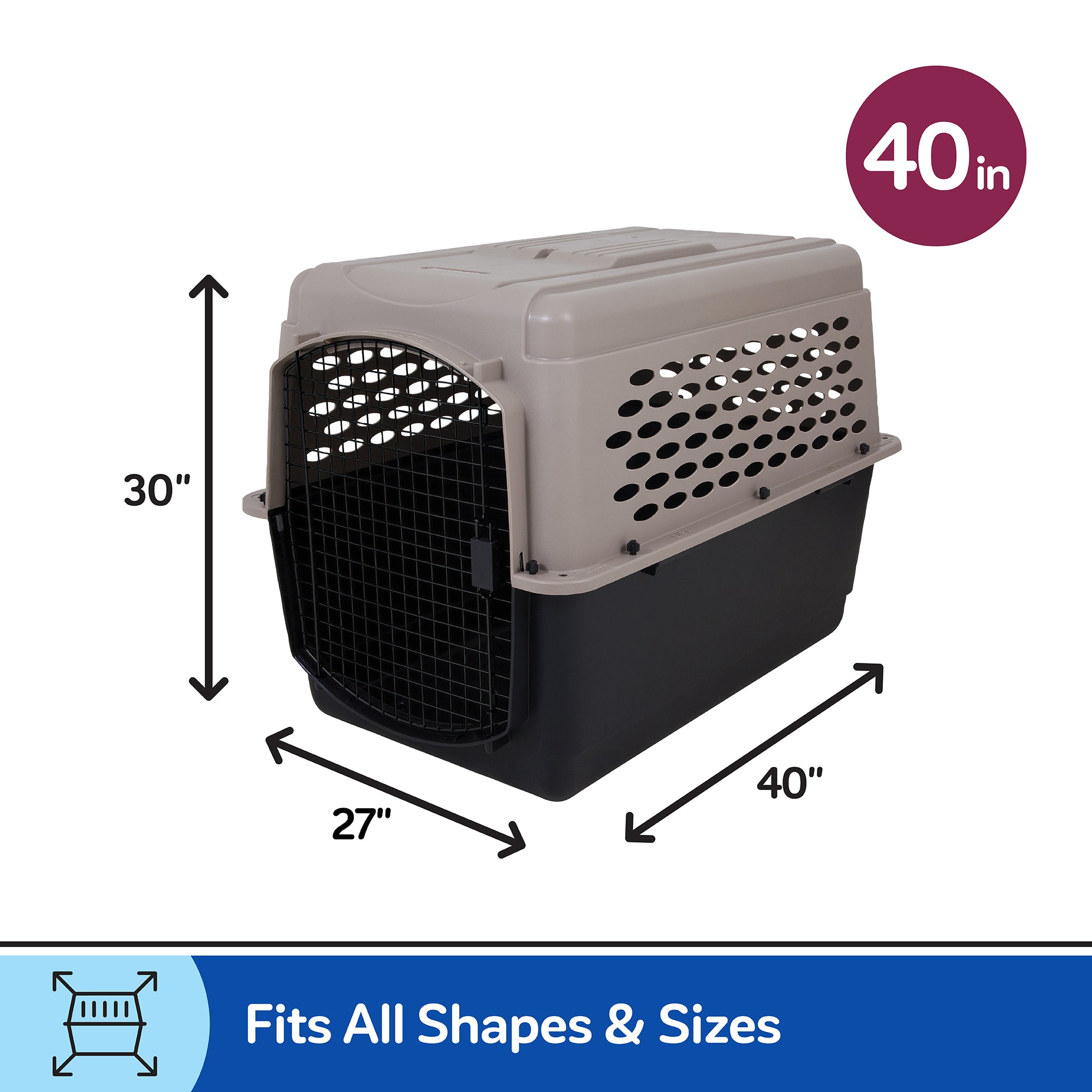 The Pet-mates All Purpose Kennel - Vari (40x27x30) by Pet-mates features a gray top, black base, metal door, and ventilation—perfect for housebreaking or most air travel. Fits All Shapes & Sizes appears at the bottom.