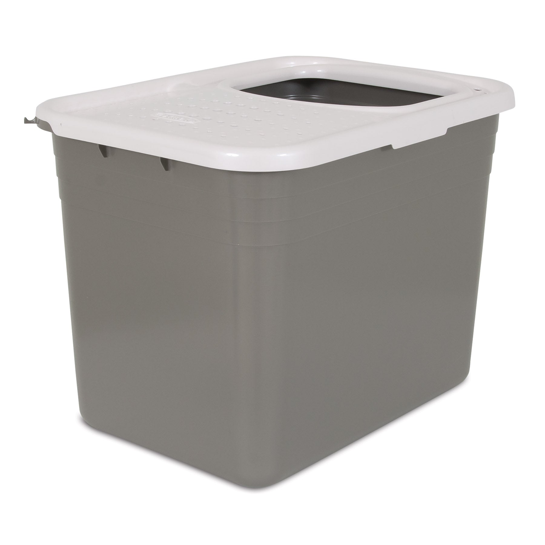 The Pet-mates Top Entry Litter Box features a gray plastic rectangular shape with a square opening cut into its non-slip white lid. This eco-friendly item, set against a white background, serves as an adaptable litter box.