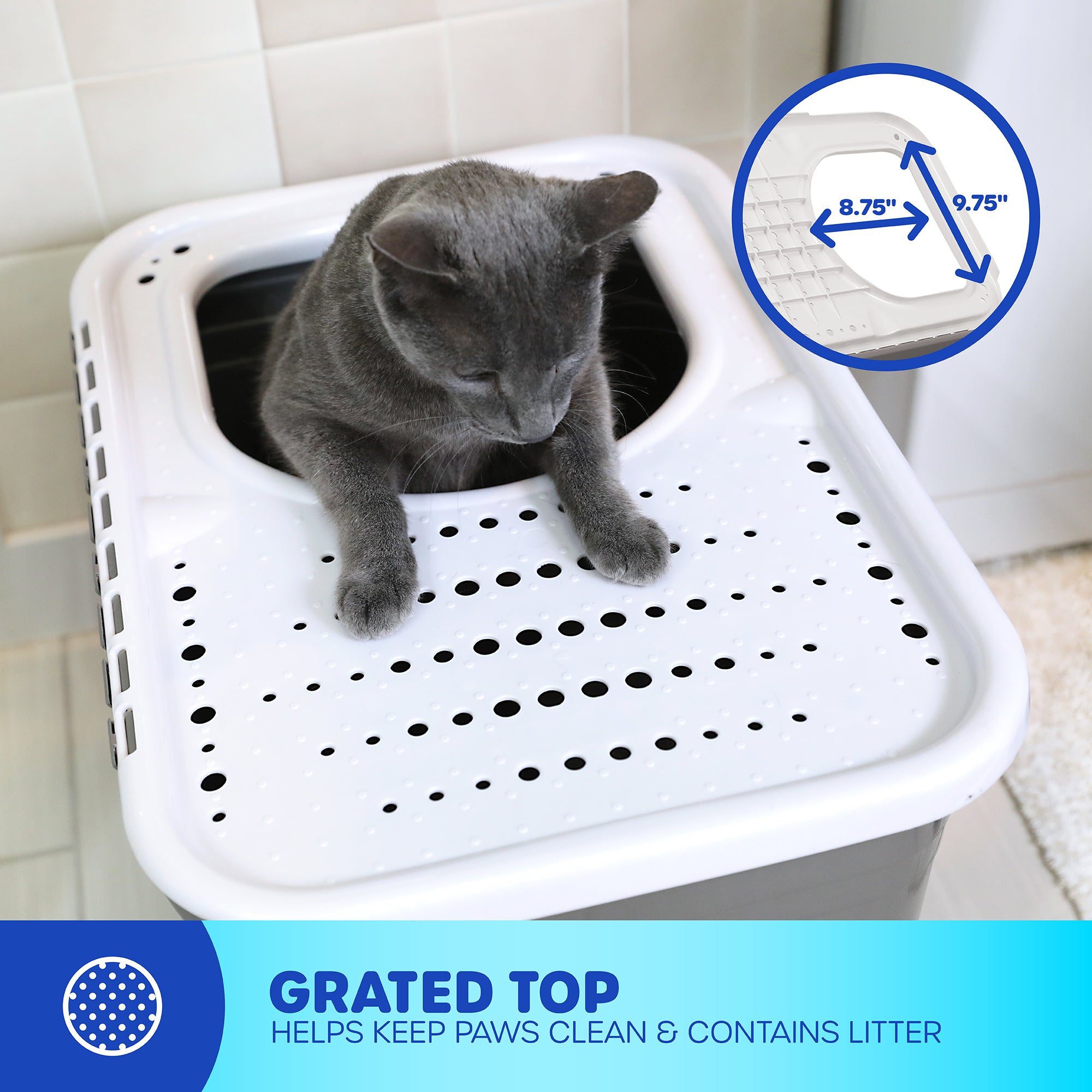 A gray cat sits in the Pet-mates Top Entry Litter Box, featuring a non-slip lid for paw cleanliness and litter containment. The close-up highlights the 8.75 x 9.75 lid dimensions, while a blue banner emphasizes its eco-friendly grated design.