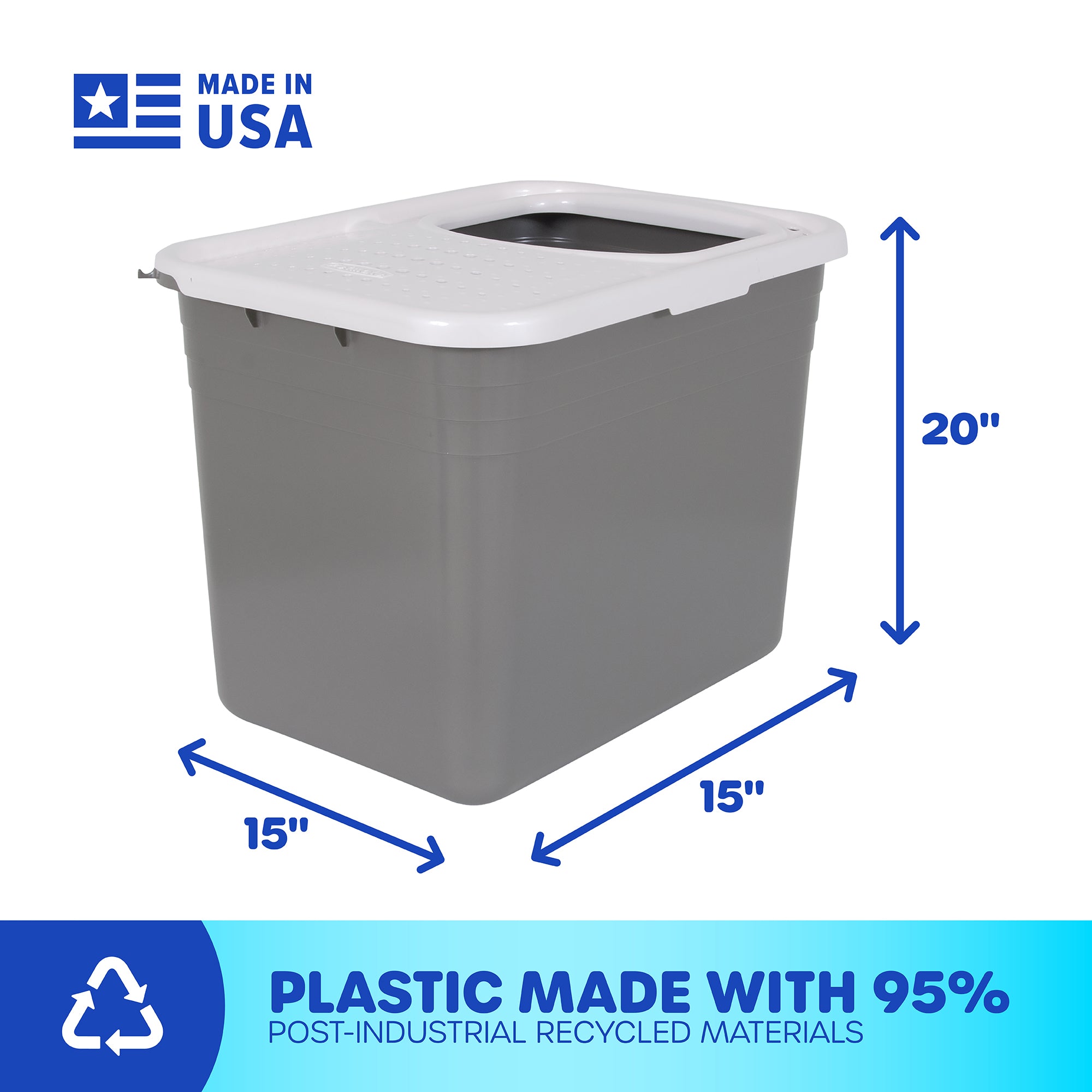The Pet-mates Top Entry Litter Box is a gray plastic bin with a white, non-slip textured lid, measuring 15x15x20 inches. Made from 95% post-industrial recycled materials in the USA, this eco-friendly product combines practicality with sustainability.