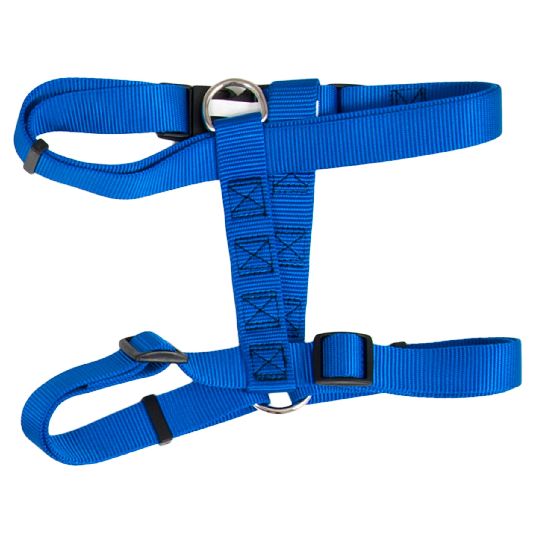 Discover the Pet-mates Adjustable Dog Harness in blue nylon, crafted with fray-resistant material. It features adjustable black plastic buckles, metal D-rings for leash attachment, and intersecting straps forming a square pattern accented by visible stitching for durability and style.