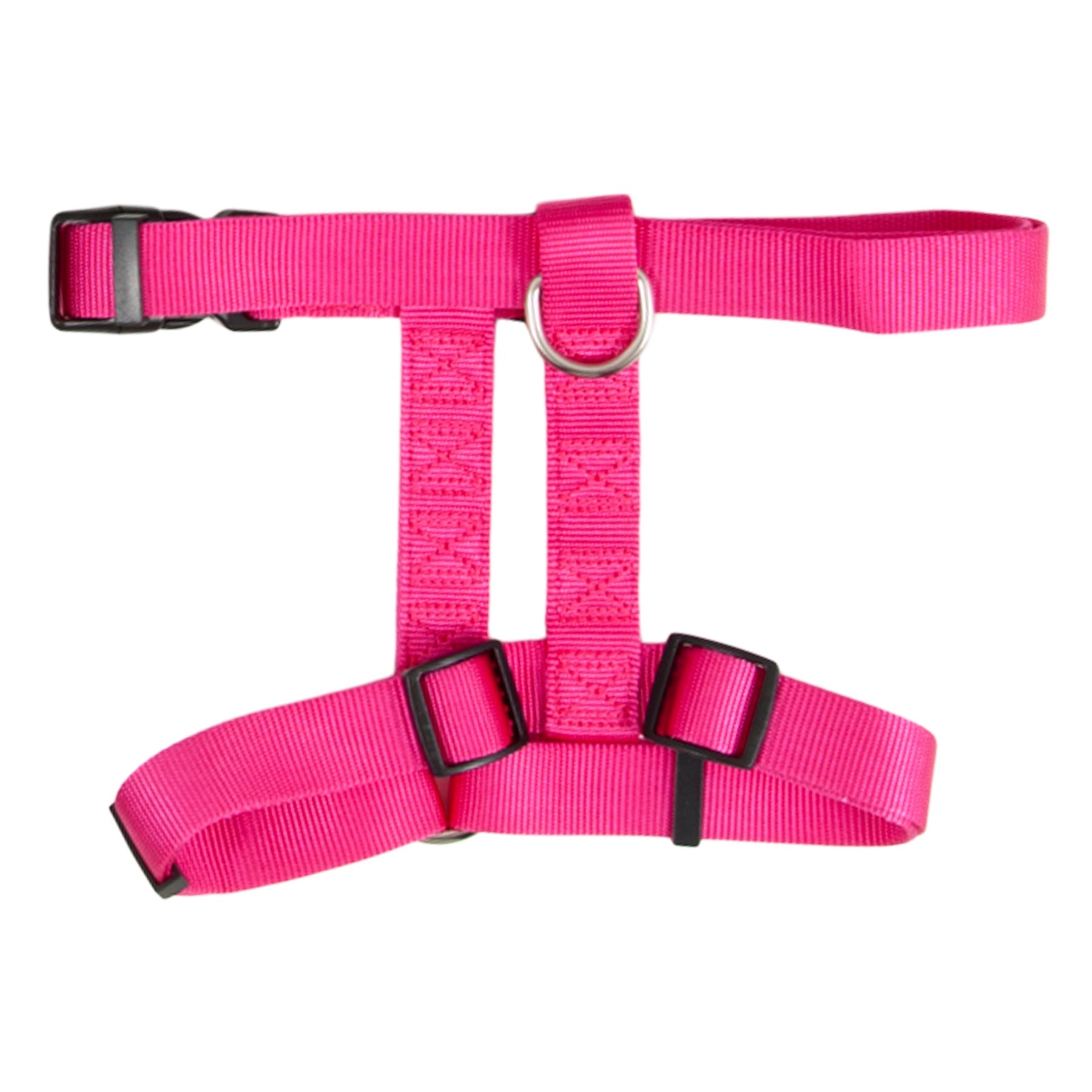 Try Pet-mates Adjustable Dog Harness in pink, made with fray-resistant nylon and adjustable straps. Featuring black buckles and a strong metal D-ring for leash attachment, it ensures comfort by evenly distributing pressure across your pets body.