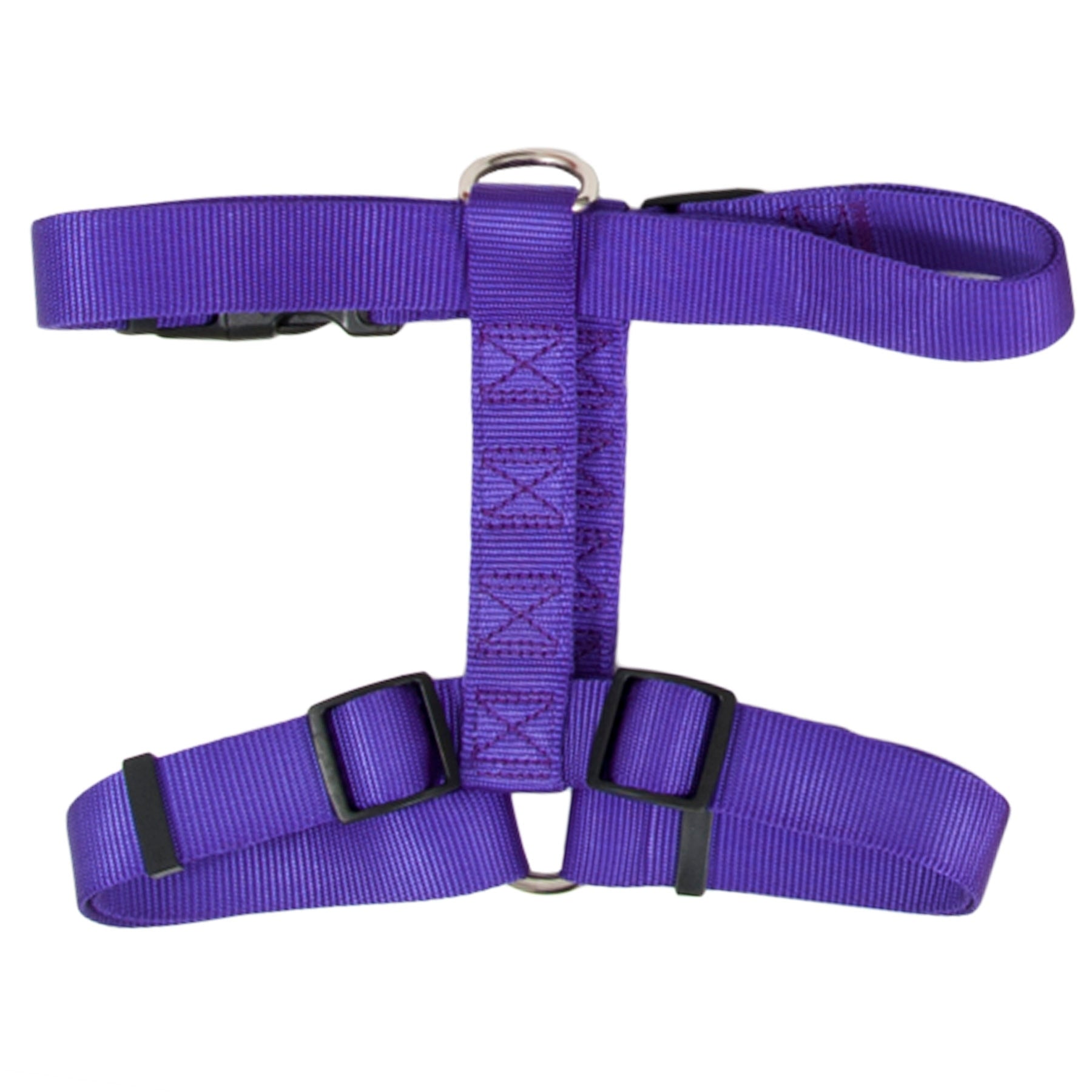 The Pet-mates Adjustable Dog Harness, available in purple, features flat-laying adjustable straps with sturdy black plastic buckles. Made from fray-resistant nylon, it includes two metal D-rings for leash attachment on the back and chest, ensuring smooth and durable wear.