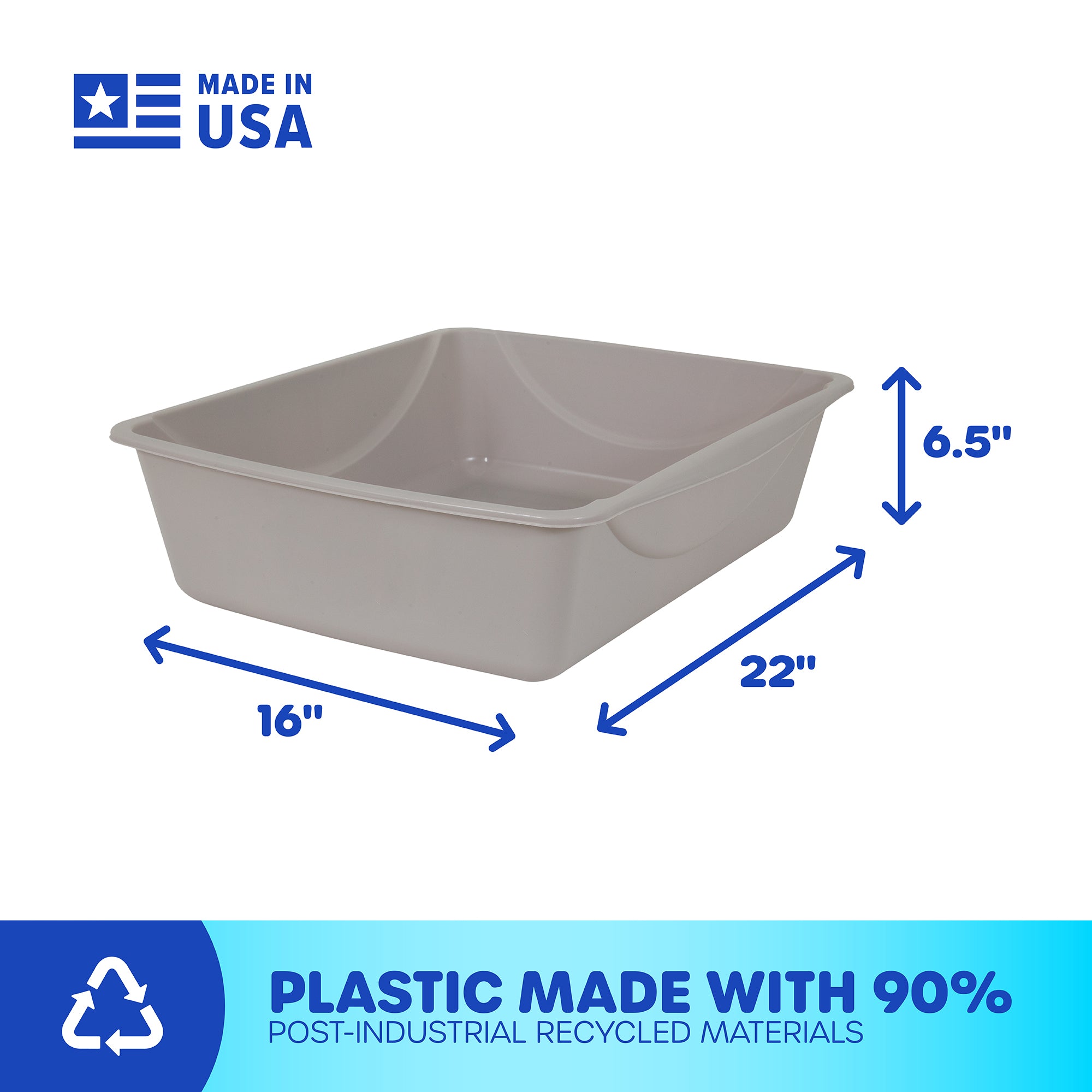The Pet-mates Basic Litter Box, from the brand Pet-mates, is a beige rectangular container measuring 22 x 16 x 6.5. Made in the USA using EcoTech™ resin with 90% post-industrial recycled materials, it features an open-top design with a recycling symbol on the bottom left corner.