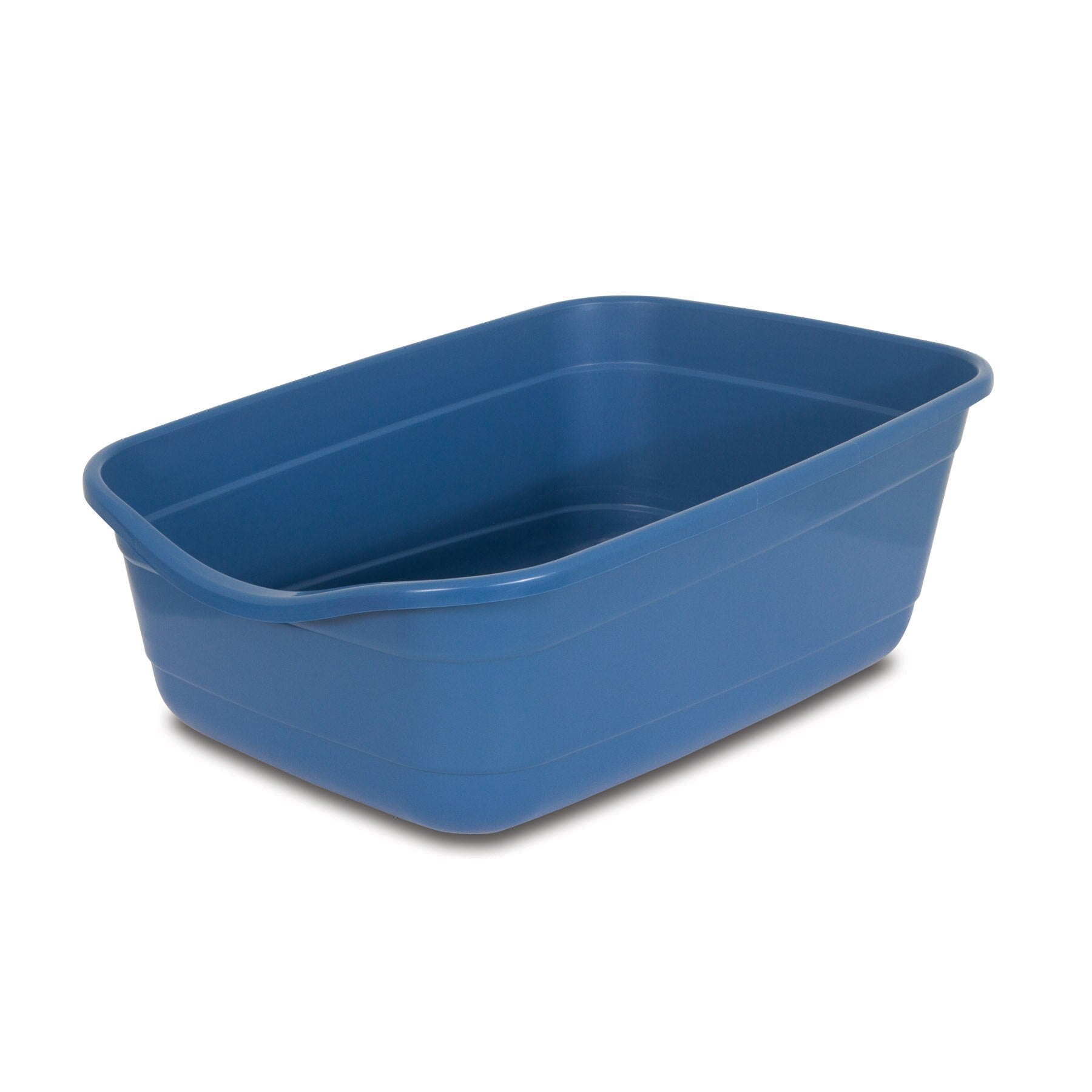 The Pet-mates Giant Litter Box, a blue rectangular container crafted from odor-resistant plastic with rounded corners and slightly raised sides, stands empty against a plain white background.