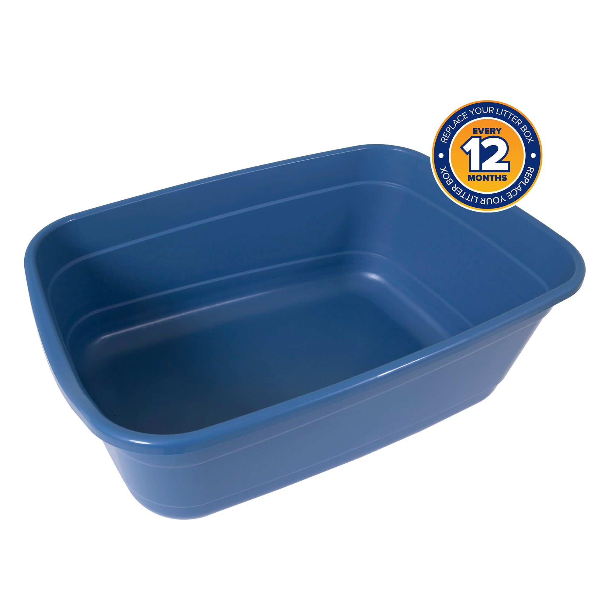 The Pet-mates Giant Litter Box by Pet-mates is large and rectangular, crafted from blue, odor-resistant plastic with rounded edges. A circular label on the top right corner suggests replacing it every 12 months.