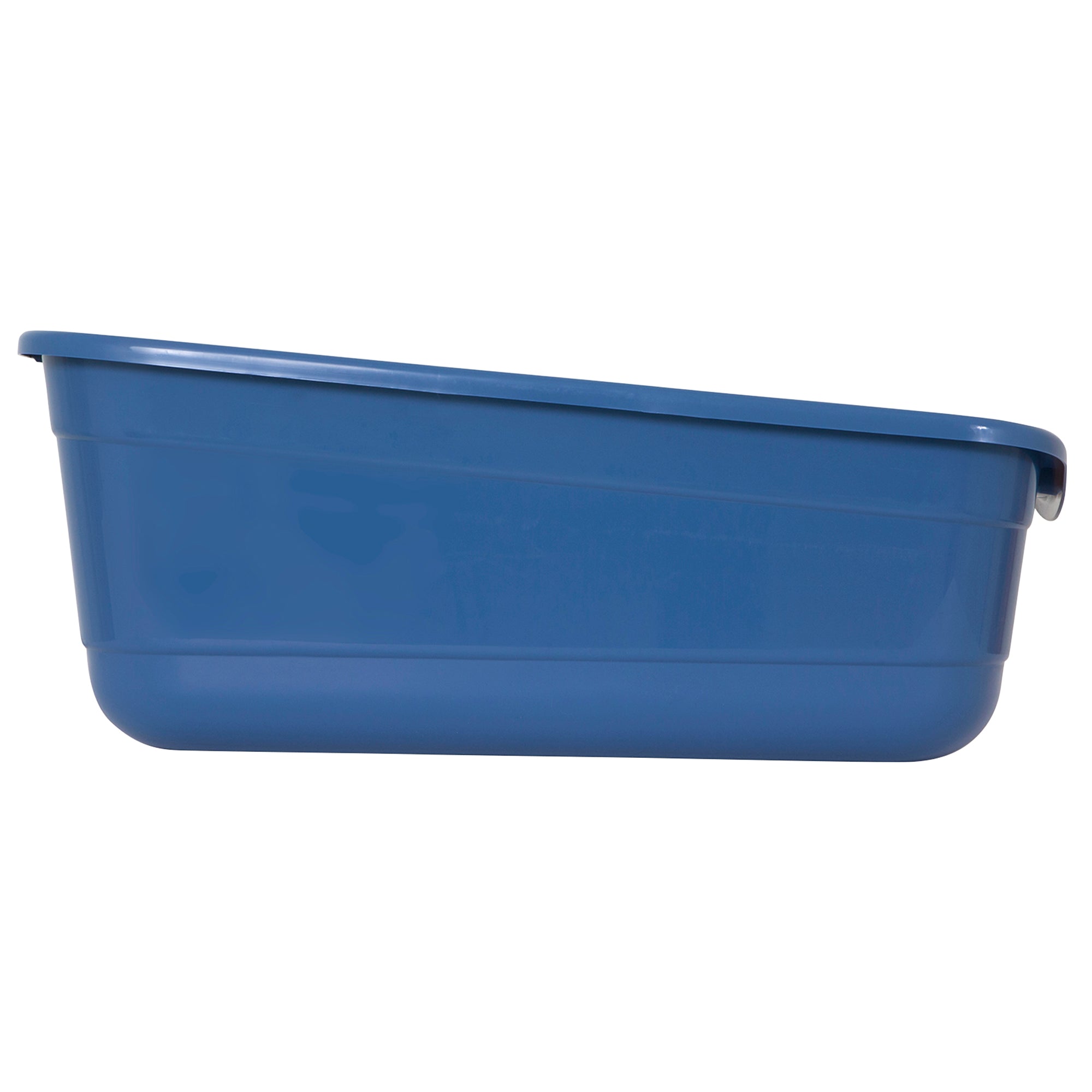 The Pet-mates Giant Litter Box by Pet-mates is a blue rectangular plastic tub for large cats. It features odor-resistant plastic, a slightly raised back edge, and a smooth, handle-free design that resembles a giant litter box from the side.