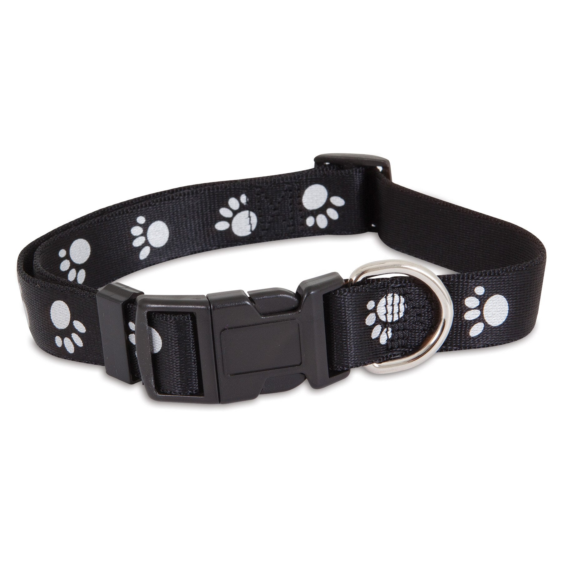 The Pet-mates Reflective Paw Adjustable Dog Collar is a black, fray-resistant nylon collar with silver reflective paw prints. It includes a durable black plastic buckle and a silver metal ring for leash or tag attachment, ensuring style and safety on walks.