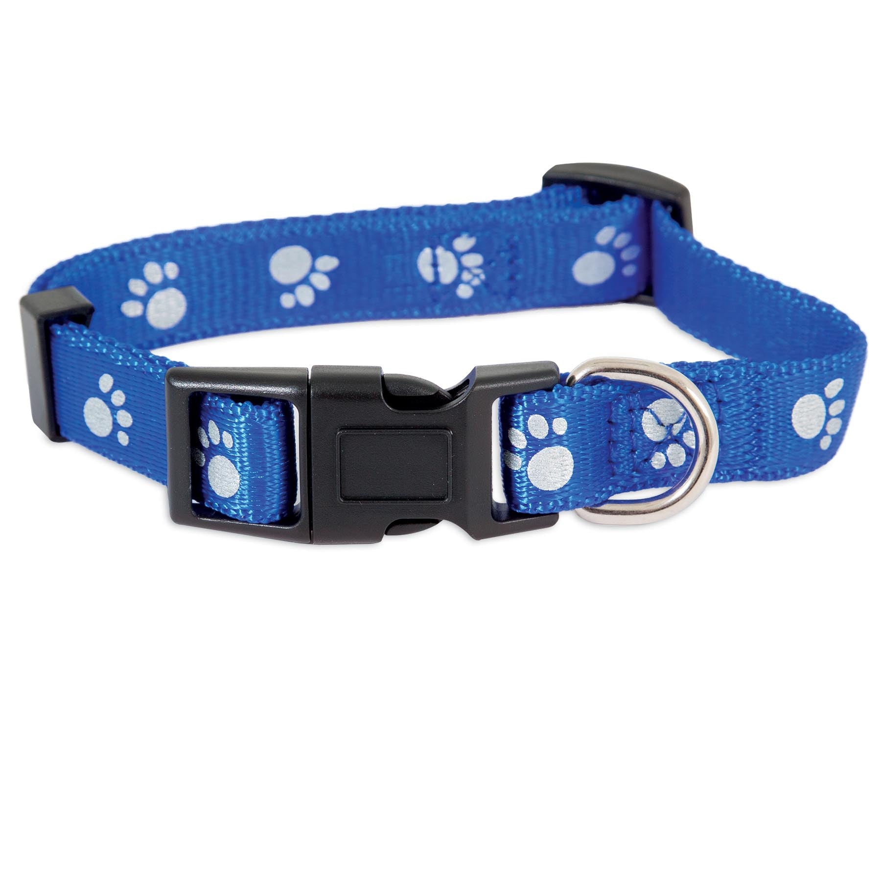 The Pet-mates Reflective Paw Adjustable Dog Collar features fray-resistant blue nylon with silver reflective paw prints, a sturdy black plastic buckle, and a durable metal D-ring for secure leash attachment.