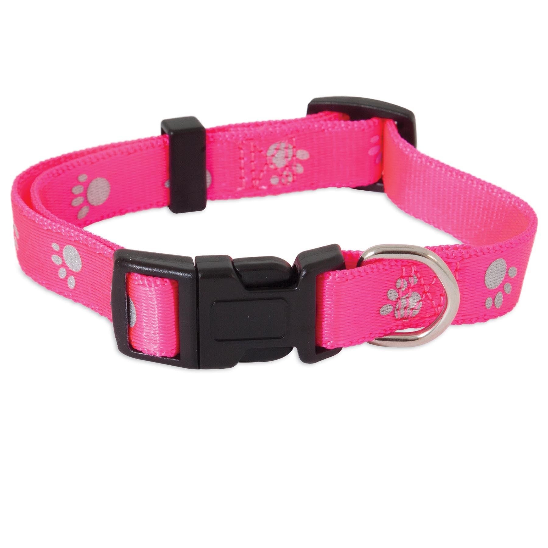 The Pet-mates Reflective Paw Adjustable Dog Collar is made from fray-resistant nylon, showcasing pink color with silver reflective paw prints. It features a black plastic buckle and a metal D-ring for secure leash attachment.