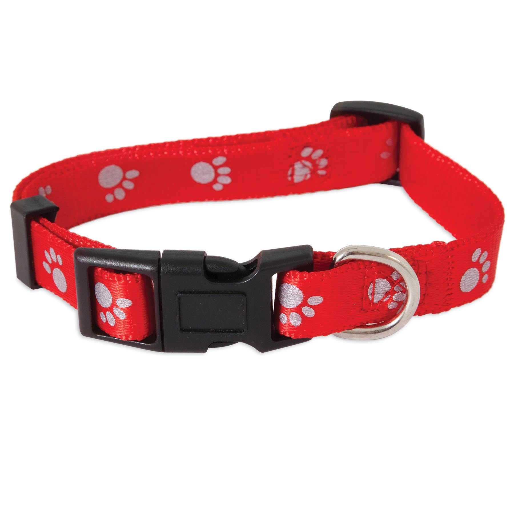 Introducing the Pet-mates Reflective Paw Adjustable Dog Collar: this red collar features fray-resistant nylon with silver reflective paw prints, a durable black plastic buckle, adjustable strap, and metal D-ring for leash attachment, blending style and functionality perfectly.