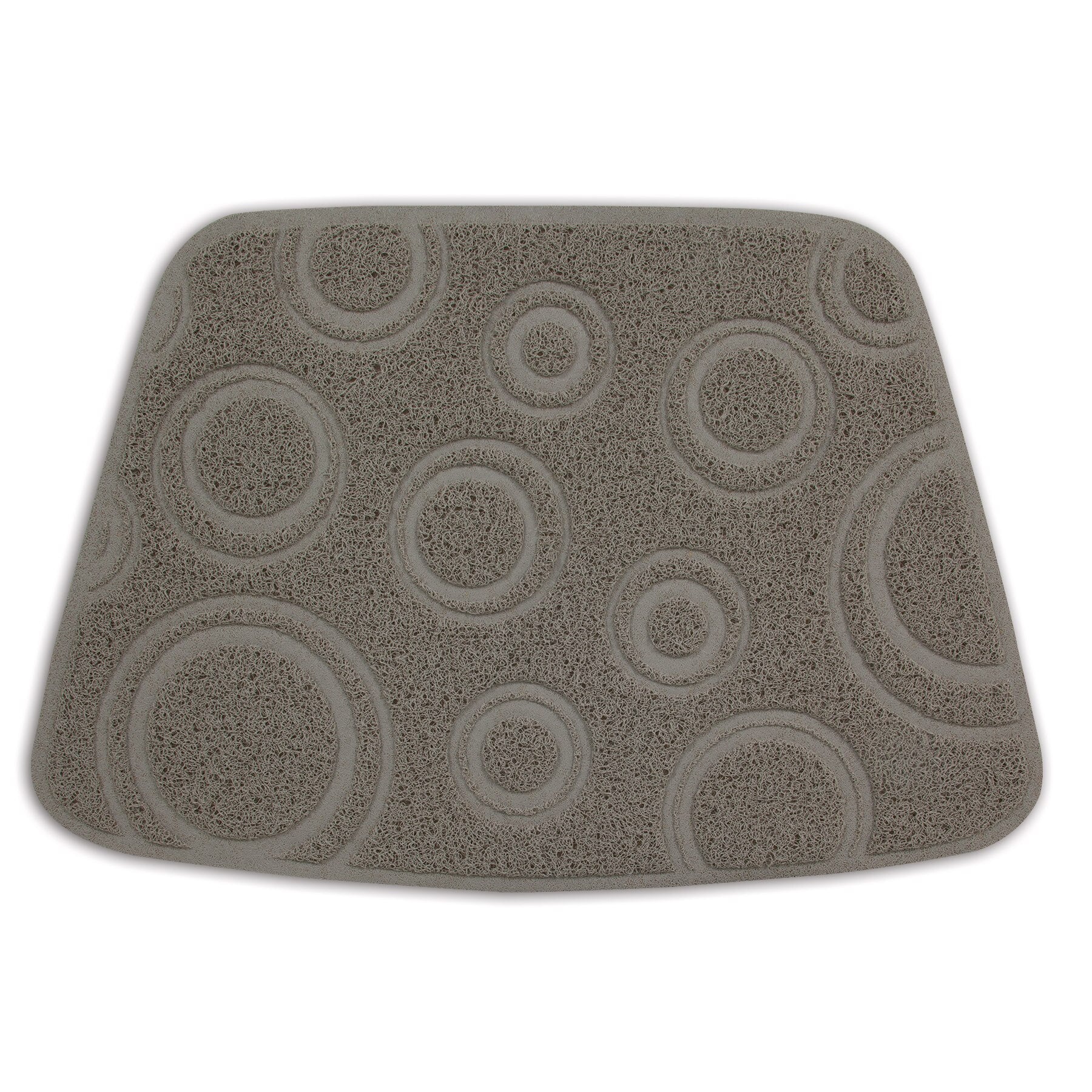 The Pet-mates Litter Mat Circles Design by Pet-mates is a light gray rectangular mat with rounded corners and features a stylish webbed pattern of overlapping circles. Made from rubberized material, it combines practicality with its textured surface, making it an ideal litter mat.