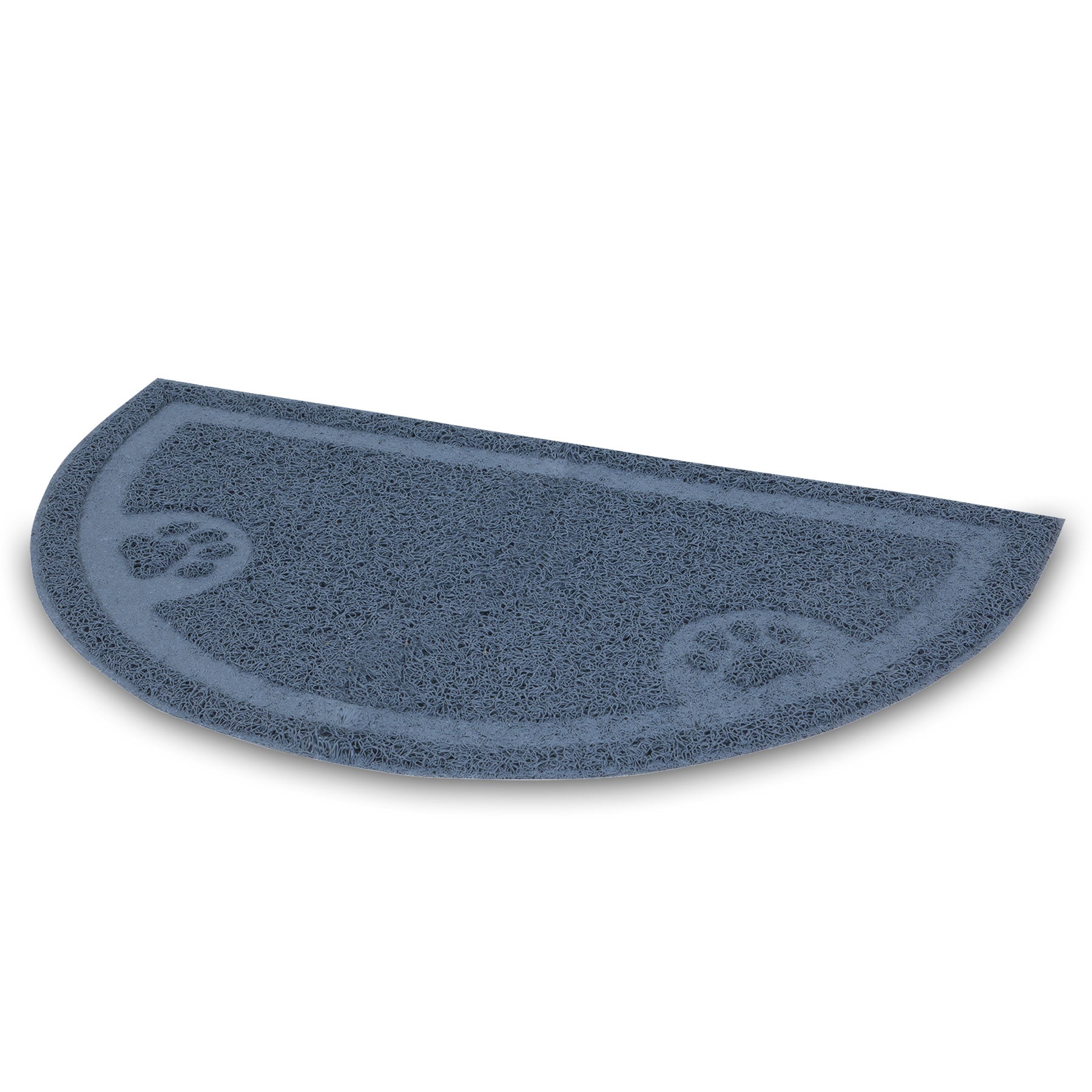 The Pet-mates Litter Catcher Mat 1/2 Circle, by Pet-mates, is a semi-circular blue mat with a textured surface and two small paw prints near the curve, made of rubberized material thats perfect for minimizing litter scatter.