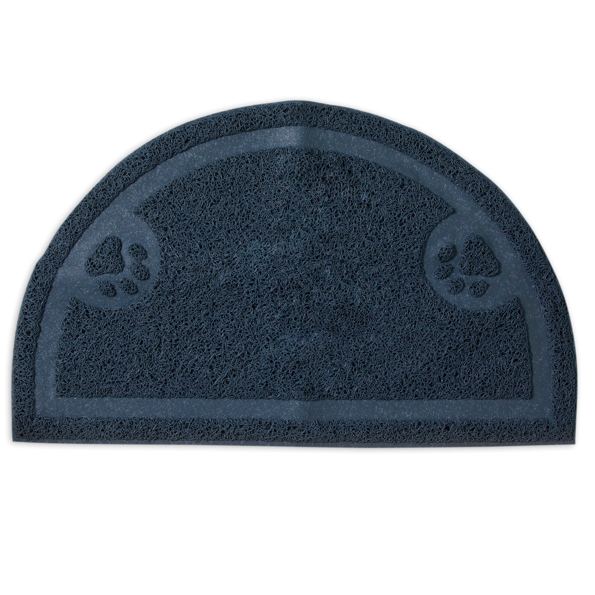 The Pet-mates Litter Catcher Mat 1/2 Circle by Pet-mates is a semi-circular, dark blue mat with a textured surface made from rubberized material. It includes two paw print designs at the top for decoration, making it suitable as a door or pet mat to reduce litter scatter.
