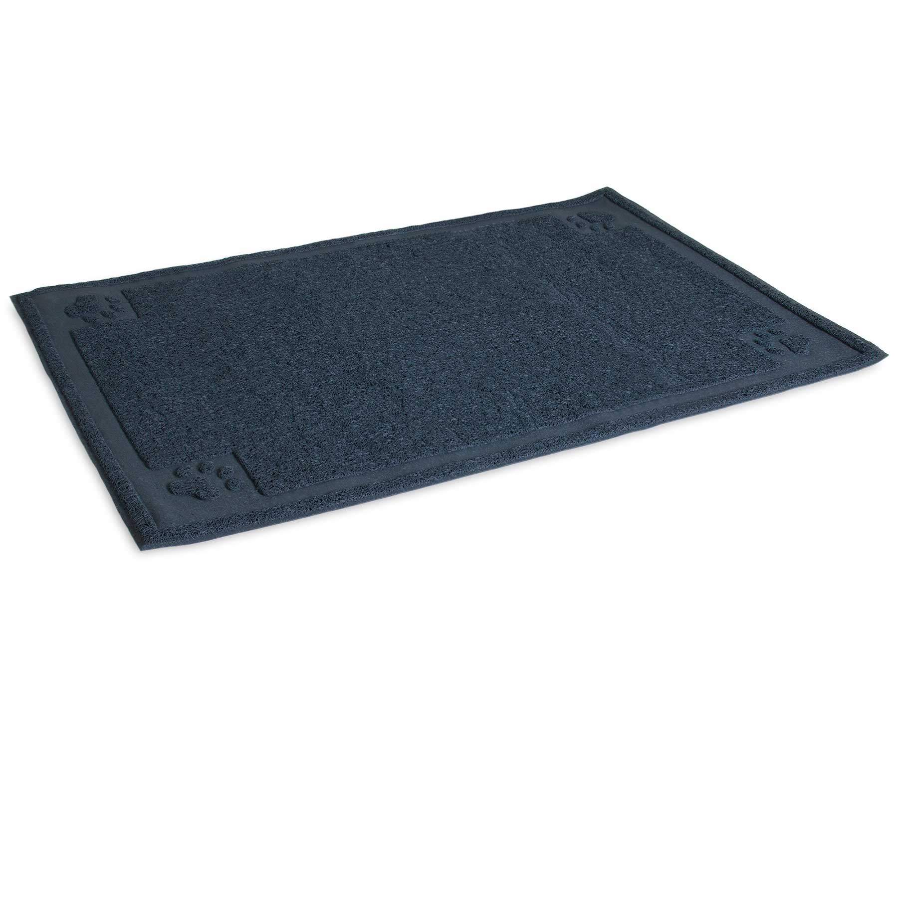 The Pet-mates Paws Large Litter Catcher Mat by Pet-mates is a rectangular dark blue feeding mat with a textured surface, subtle border, and embossed cat paw design in the corners, adding charm while effectively preventing litter scatter.