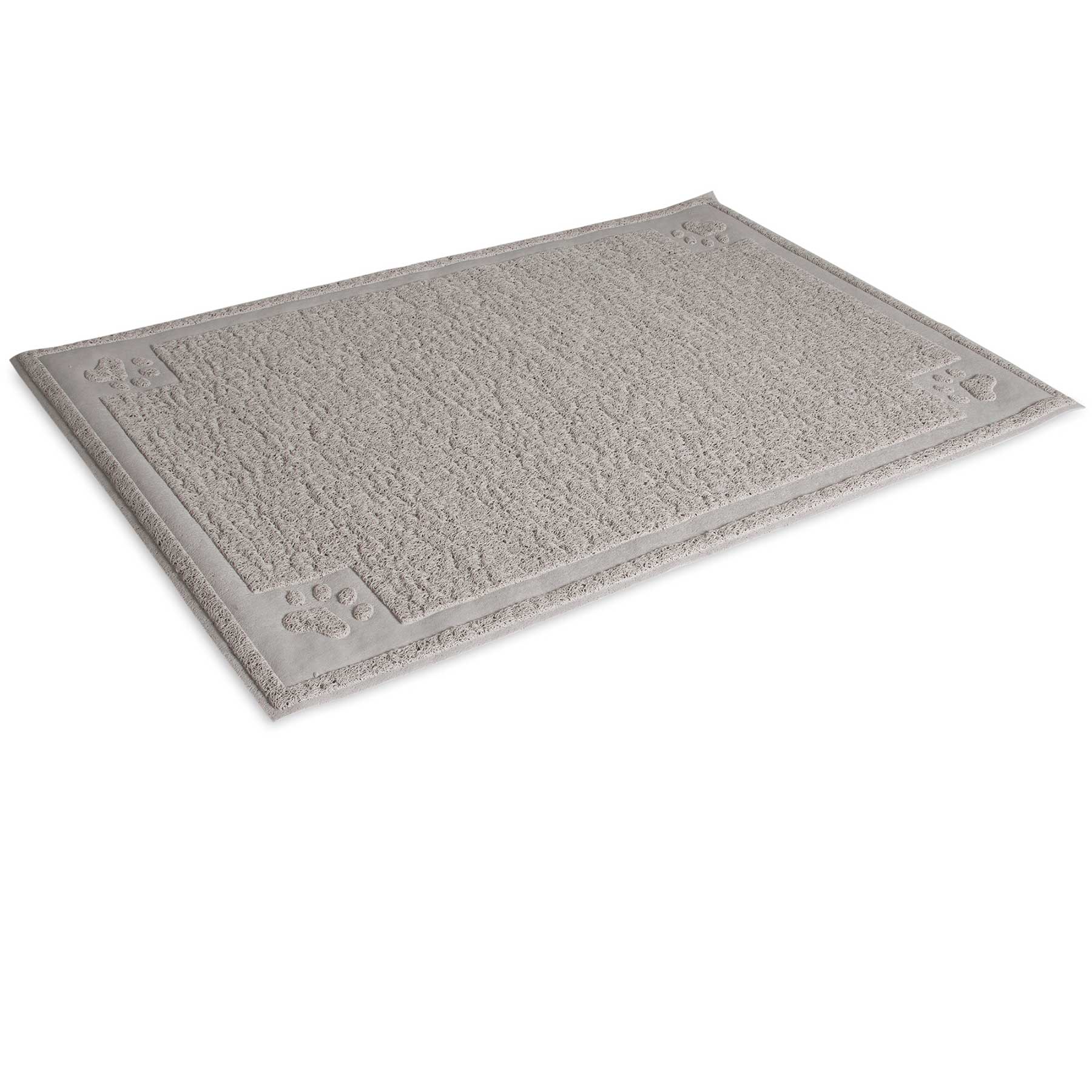 The Pet-mates Paws Large Litter Catcher Mat in tan features a rectangular design in soft, rubberized material with a textured surface and embossed paw prints at the corners. Its BPA and phthalate-free, has a simple border design, and is perfect for pet-friendly homes.