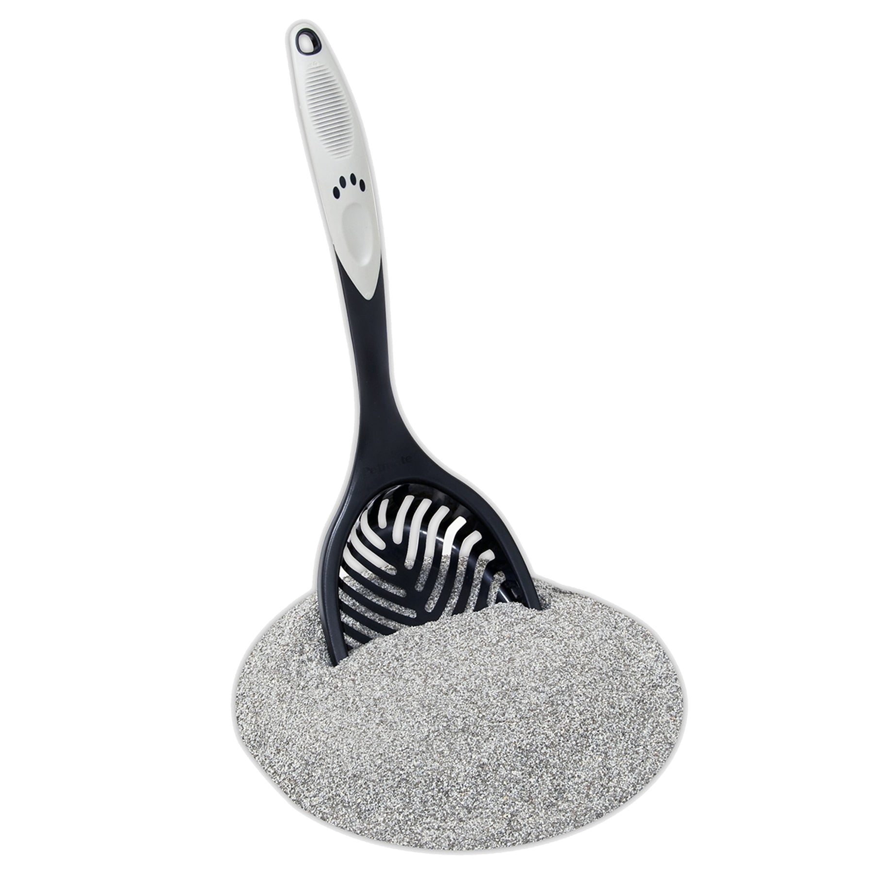 The Pet-mates Ultimate Litter Scoop, designed with a paw print pattern and an extra-long handle, stands out in a pile of finely textured gray litter. This essential cat cleaning tool efficiently gathers every bit as it fills the scoop.