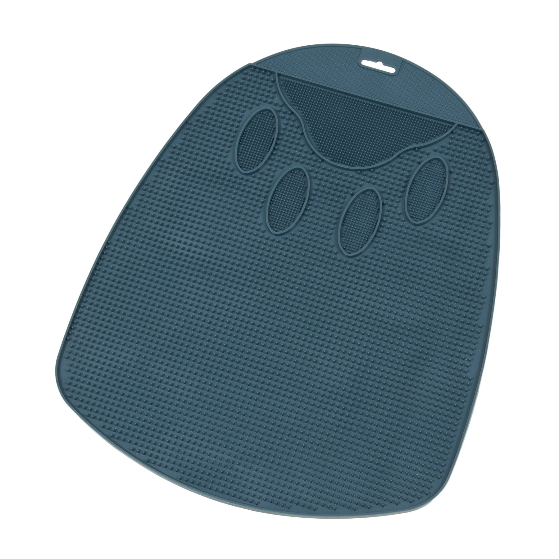 The Pet-mates Flexible Litter Mat from Pet-mates is a dark green, silicone pet grooming mat. It has a textured surface with four raised ovals resembling a paw print and includes a top hole for hanging, designed to minimize litter scatter.
