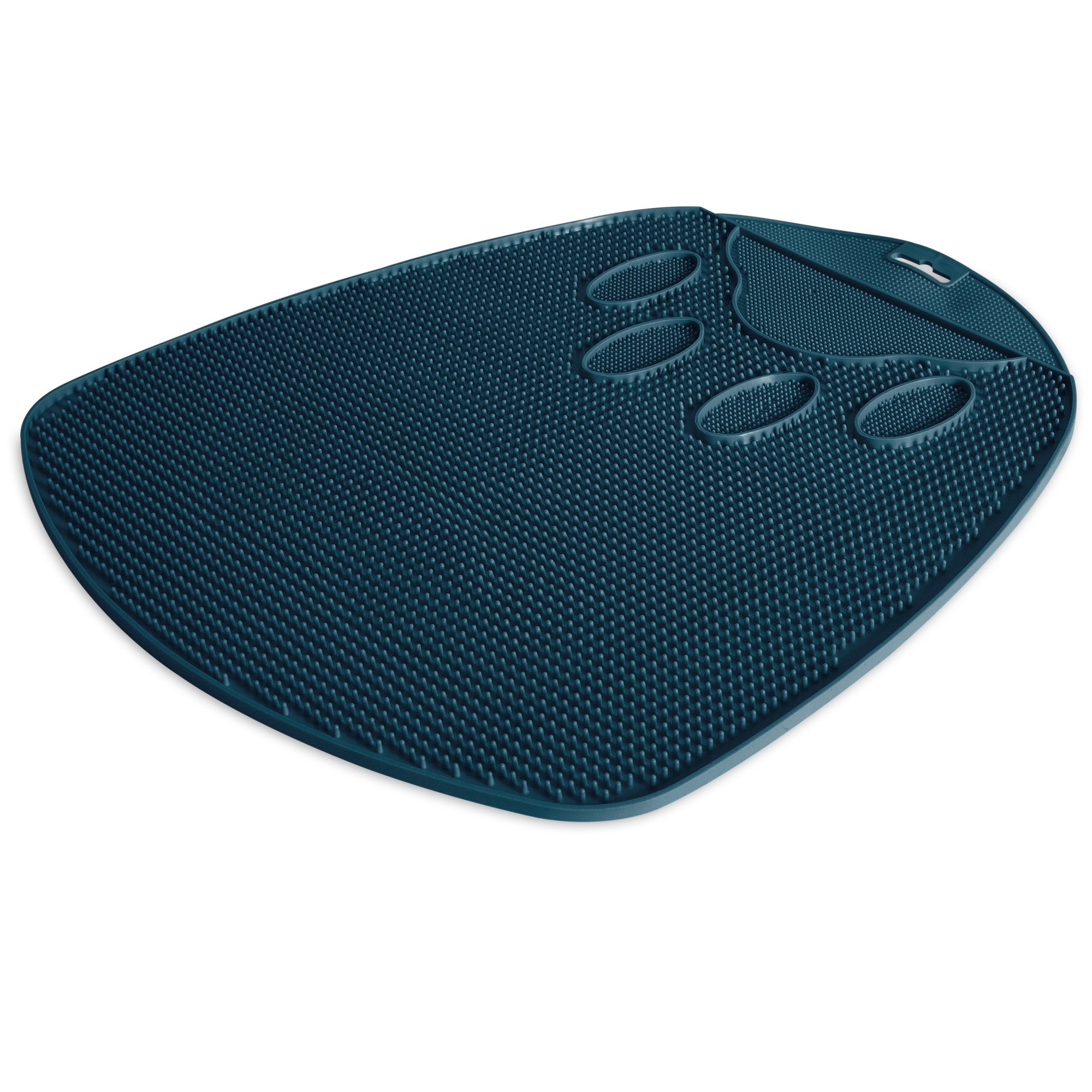 The Pet-mates Flexible Litter Mat by Pet-mates is a dark teal, wedge-shaped anti-fatigue mat with a textured surface and four raised oval sections. It offers ergonomic standing support and doubles as a mat to catch litter scatter, keeping your cats litter area tidy.