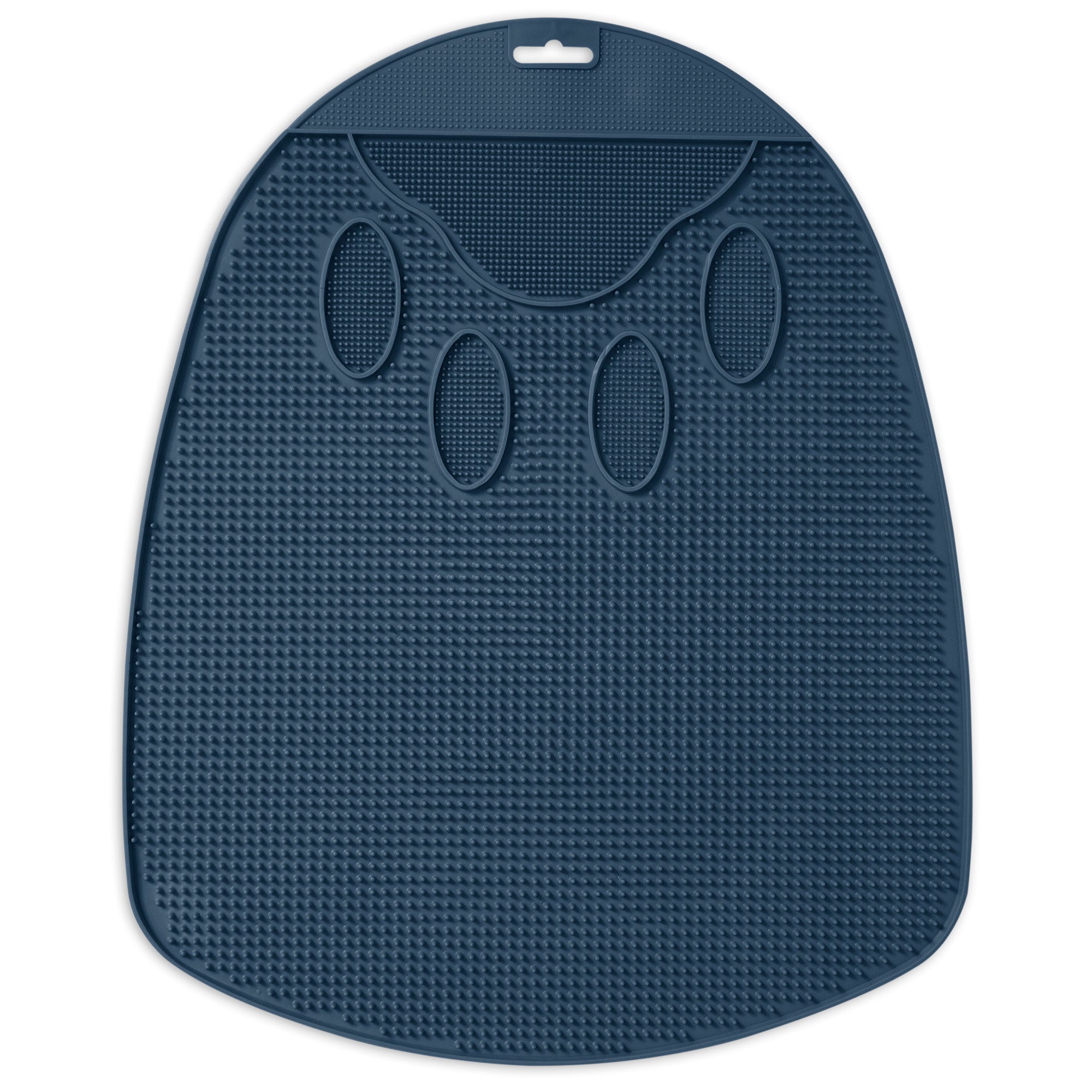 The dark blue Pet-mates Flexible Litter Mat, shaped like a paw, features multiple textured surfaces and suction cups. It engages pets during mealtime or bath time, reducing stress and adding fun when used with your cats litter pan.