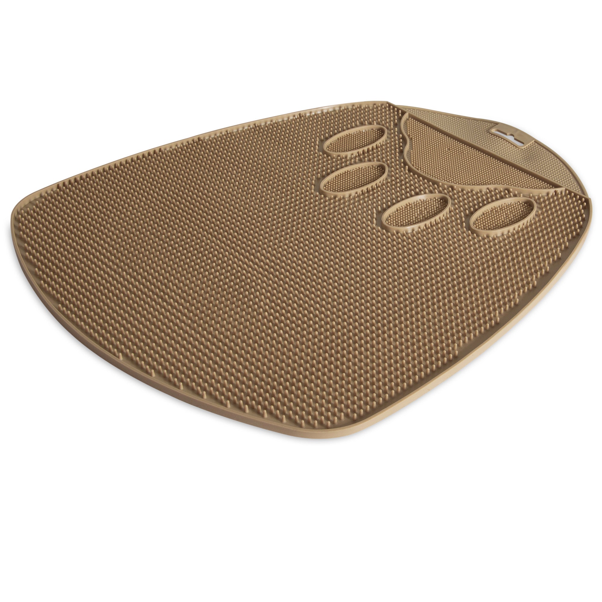 The Pet-mates Flexible Litter Mat by Pet-mates is a triangular, brown, textured anti-fatigue mat that massages feet and relieves pressure, while capturing scatter around your cats litter pan with its raised patterns.