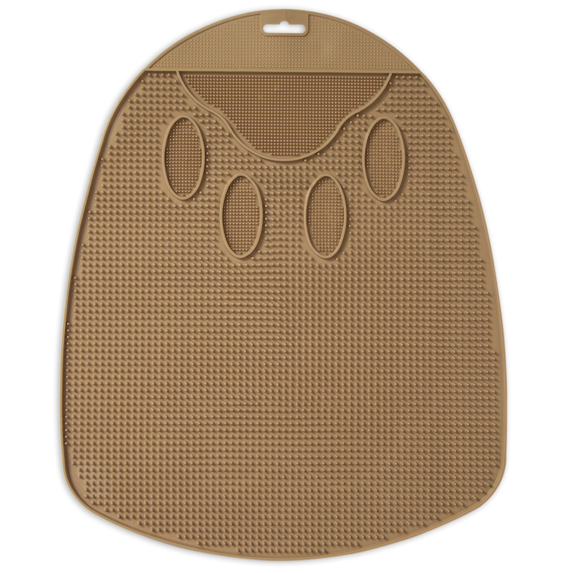 The Pet-mates Flexible Litter Mat, by Pet-mates, is a brown silicone mat with a paw-shaped design, featuring a textured surface with grooves and bumps for spreading treats. It includes a hole for hanging and can also catch litter scatter from your cats litter pan.
