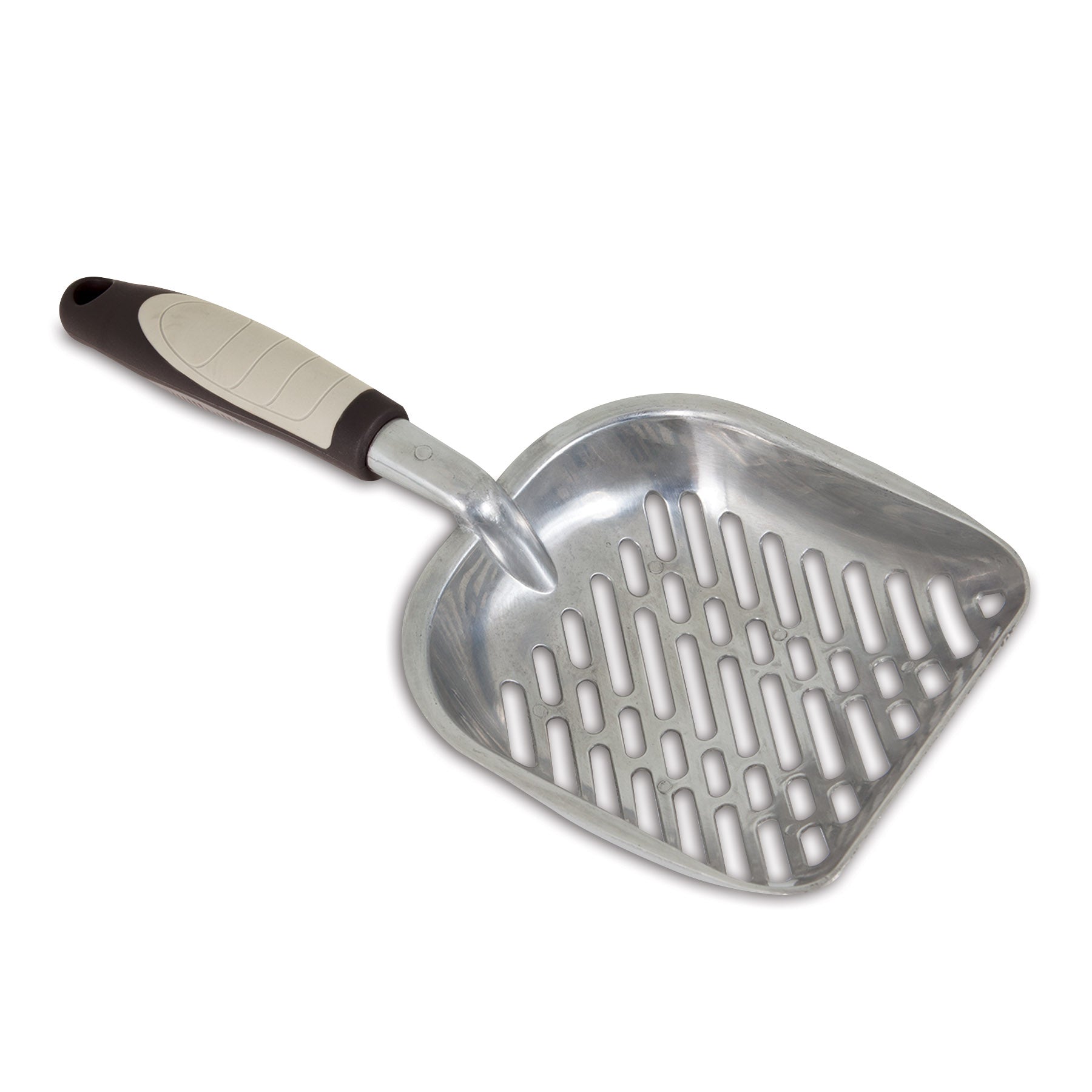 The Pet-mates Metal Litter Scoop by Pet-mates is crafted from heavy-duty aluminum with a slotted design. It includes a black and beige ergonomic handle for comfort and is slightly curved to sift litter effectively.