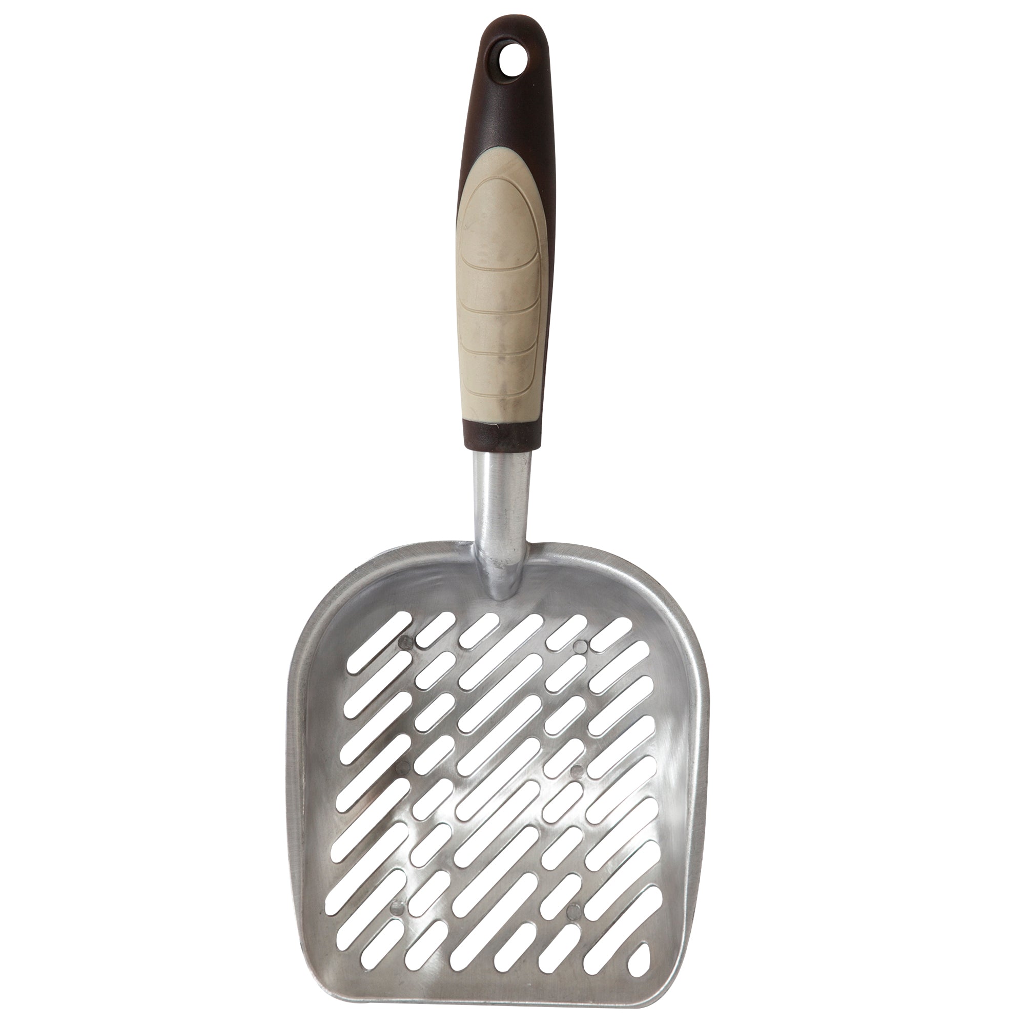 The Pet-mates Metal Litter Scoop is a heavy-duty aluminum cat litter scoop by Pet-mates, featuring an ergonomic grip in beige and brown, with a flat, rounded edge and diagonal slots for efficient sifting.